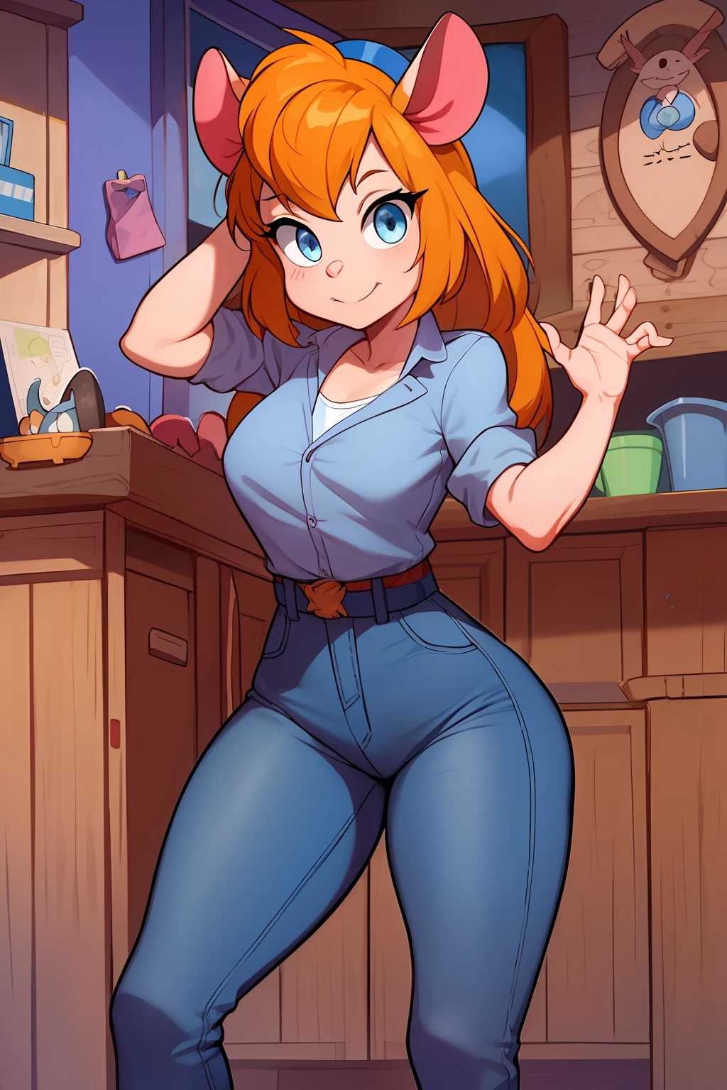 gadget_hackwrench, tiro de cowboy, sorriso, solo, Denim Jeans Pants, jaqueta pequena, botas altas, (alta qualidade: 1.2), obra-prima, detalhado, highres, 4k, foco nítido, estilo simples, desenho animado, [[anime]]