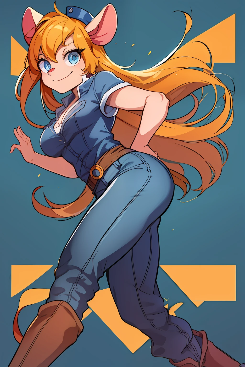 gadget_hackwrench, tiro de cowboy, sorriso, solo, Denim Jeans Pants, jaqueta pequena, botas altas, (alta qualidade: 1.2), obra-prima, detalhado, highres, 4k, foco nítido, estilo simples, desenho animado, [[anime]]