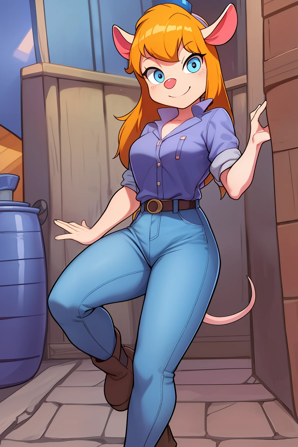 gadget_hackwrench, tiro de cowboy, sorriso, solo, Denim Jeans Pants, jaqueta pequena, botas altas, (alta qualidade: 1.2), obra-prima, detalhado, highres, 4k, foco nítido, estilo simples, desenho animado, [[anime]]