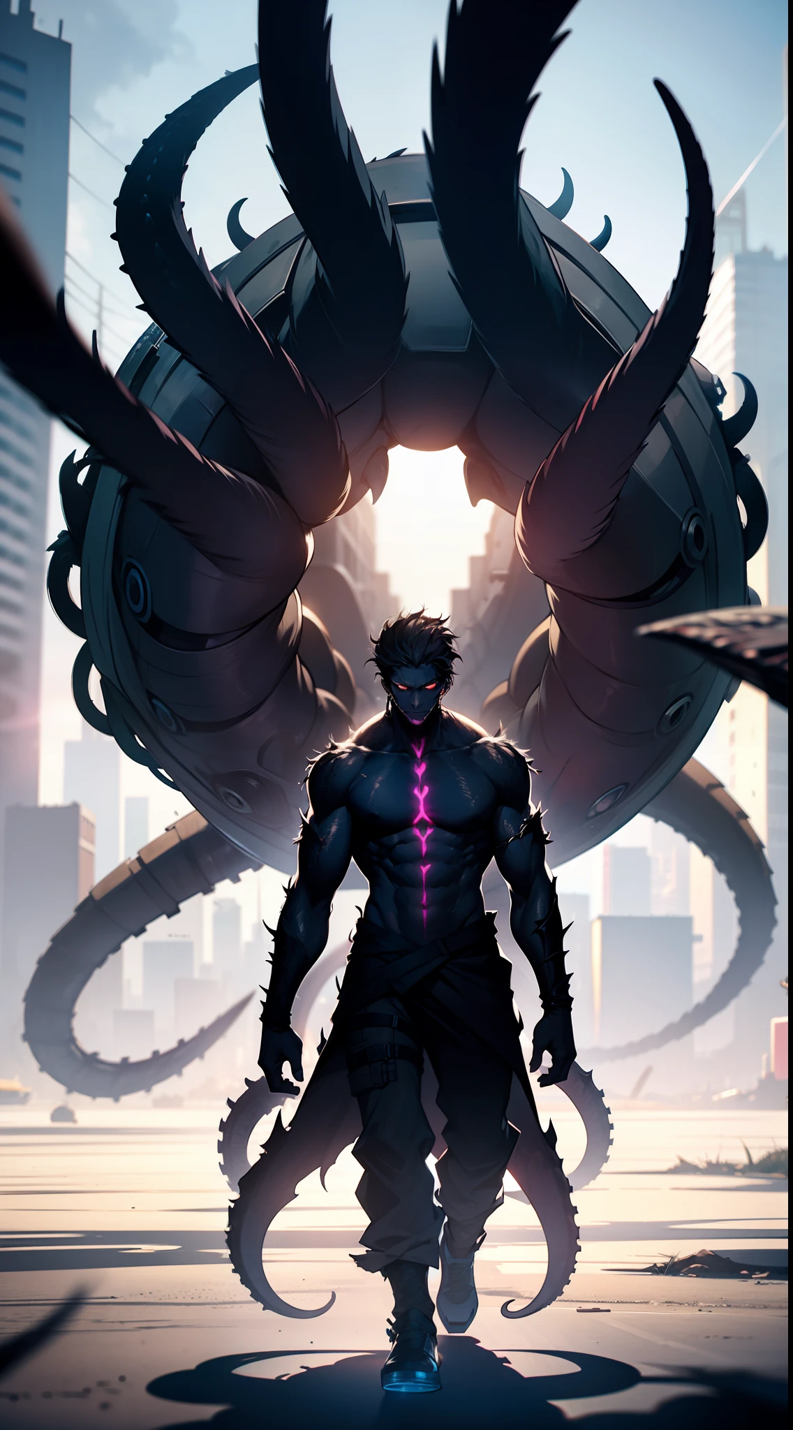 a full black skin creature with shadow aura strong and black tentacles on his back
