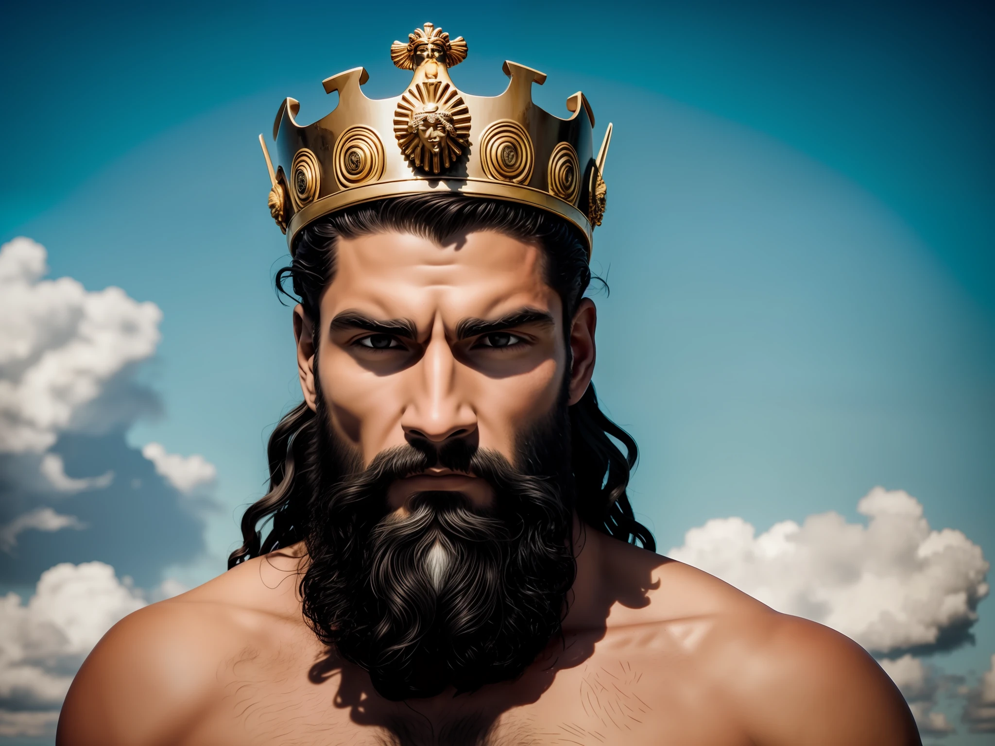 Image of a man with a crown on his head, O Deus Poseidon, Poseidon, Deus do Oceano, O Deus do Mar, O Deus Imperador da Humanidade, Retrato do Imperador da Humanidade, Furioso Deus Zeus, O Deus Zeus, Como um atlante, deus imperador, Rei do Mar, Retrato Zeus, Netuno