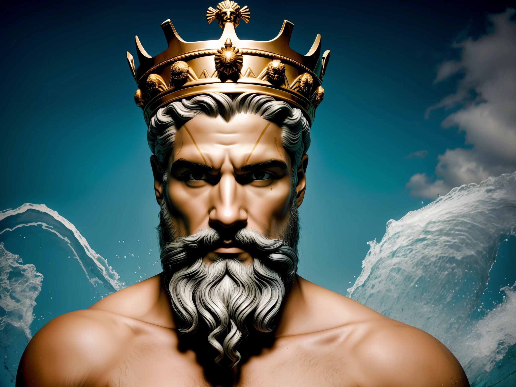 Image of a man with a crown on his head, O Deus Poseidon, Poseidon, Deus do Oceano, O Deus do Mar, O Deus Imperador da Humanidade, Retrato do Imperador da Humanidade, Furioso Deus Zeus, O Deus Zeus, Como um atlante, deus imperador, Rei do Mar, Retrato Zeus, Netuno