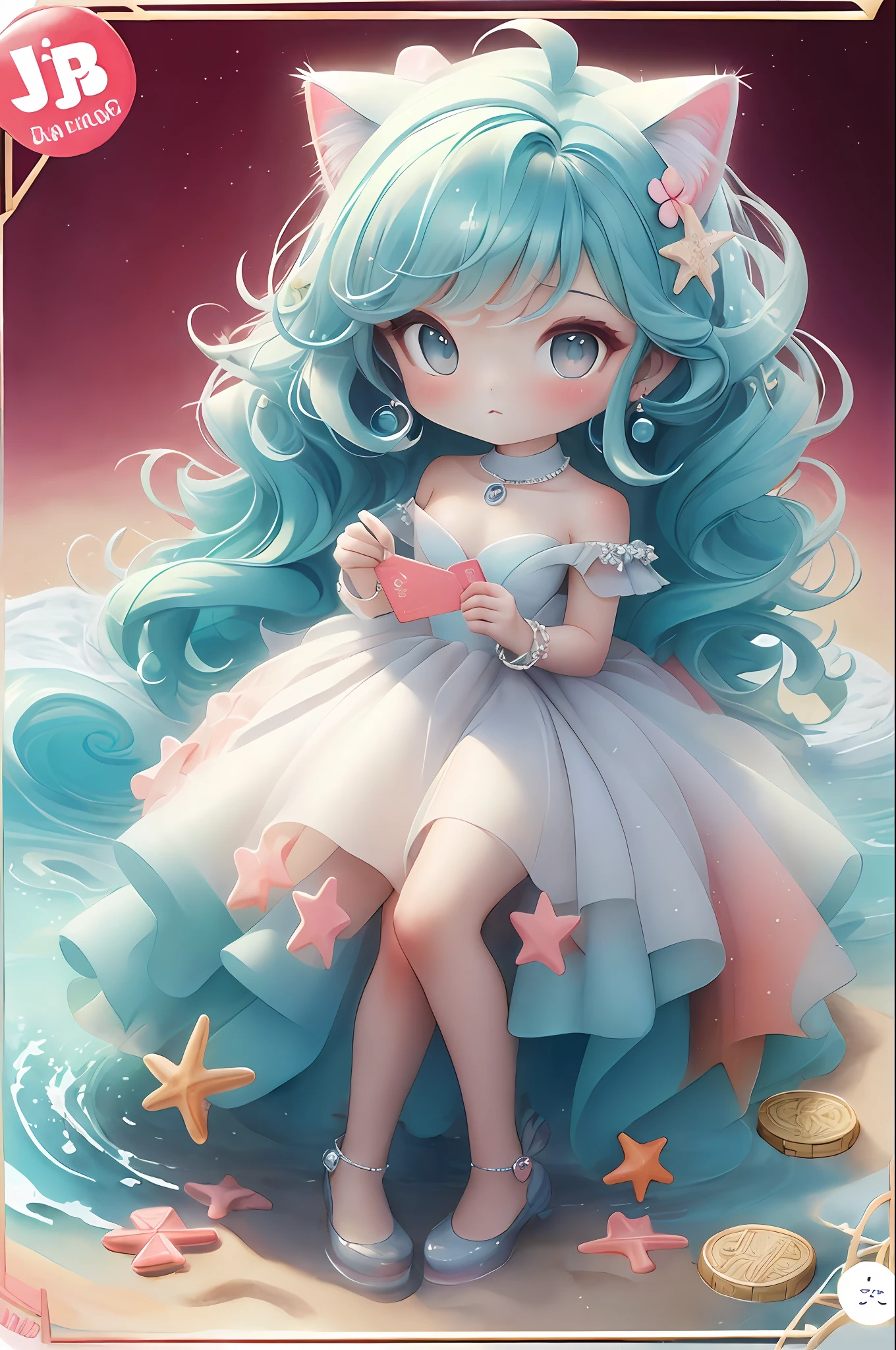 plastican00d, 1 Cat Girl, Chibi, aquamarine, Beach Wave, Dark red, wedding dress, wealthy,Looking at Viewer, Card Background、(Watercolors by John Berkey and Jeremiman)