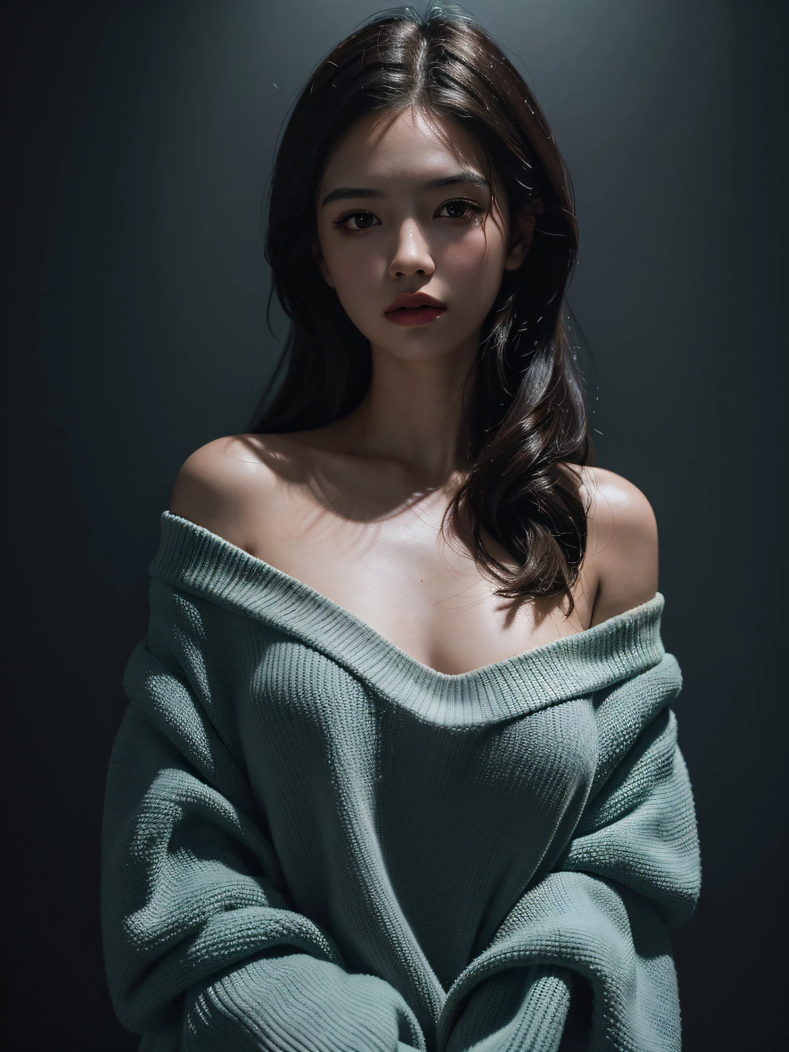 Best quality, masterpiece, ultra high res, (photorealistic:1.4), raw photo, 1girl, offshoulder, in the dark, deep shadow, low key, cold light