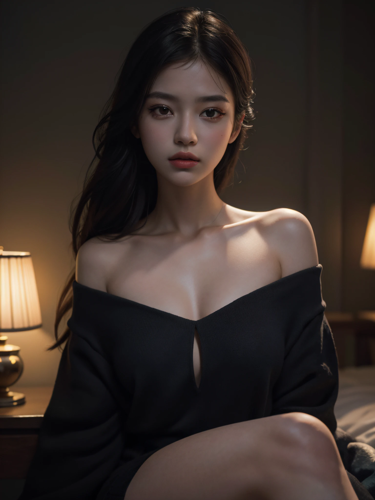 Best quality, masterpiece, ultra high res, (photorealistic:1.4), raw photo, 1girl, offshoulder, in the dark, deep shadow, low key, cold light