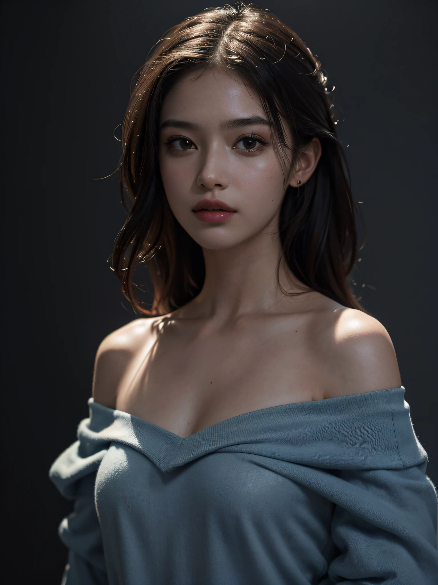 Best quality, masterpiece, ultra high res, (photorealistic:1.4), raw photo, 1girl, offshoulder, in the dark, deep shadow, low key, cold light