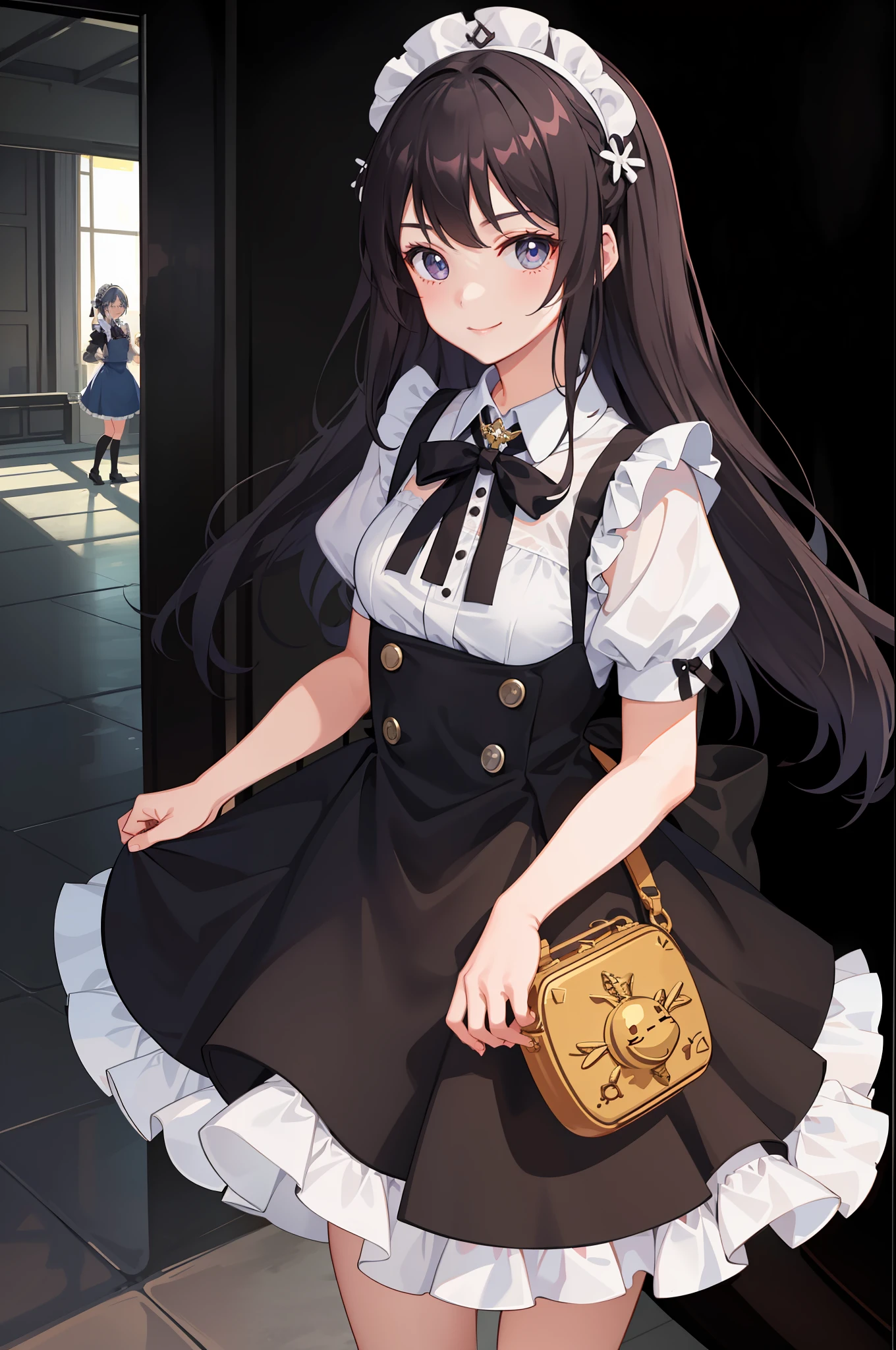 1girl in、A smile、A delightful、skirt by the、(small tits)Chilarism、doress、pinafore、Maids、hair adornments、