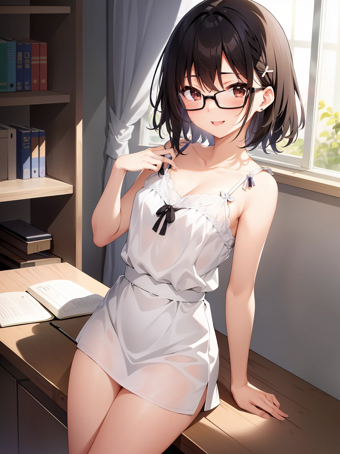 (girl with、独奏、a junior high school student、A dark-haired、short-hair、straight haired、hair adornments、Light brown eyes、A smile、wearing black glasses、small tits、cute  face)、​masterpiece、best qualtiy、ultra-detailliert、illustratio、white lace camisole、all-fours、Kiss