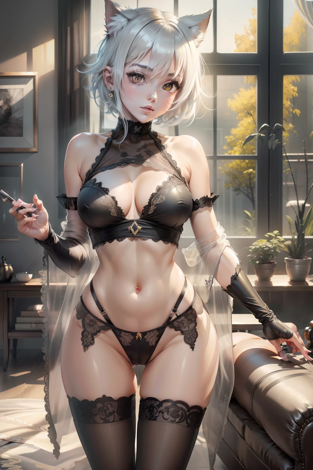 masterpiece,high res,best quality,1 girl ,koneko toujou (dxd) , white hair , short hair ,yellow eyes ,neko ears , black negligee, black panties, thong, navel,living room