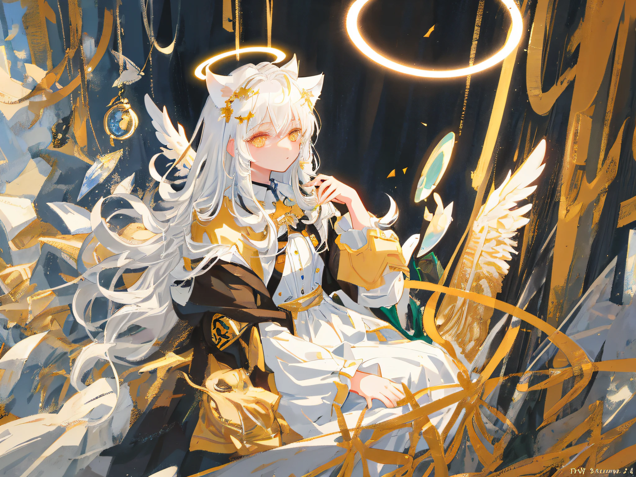 Masterpiece, Best quality, Ultra-detailed, illustration, Close-up, straight on, Face focus, 1girll, White hair, Golden eyes, Long hair, Halo, Angel wings, Serene expression, cat ear