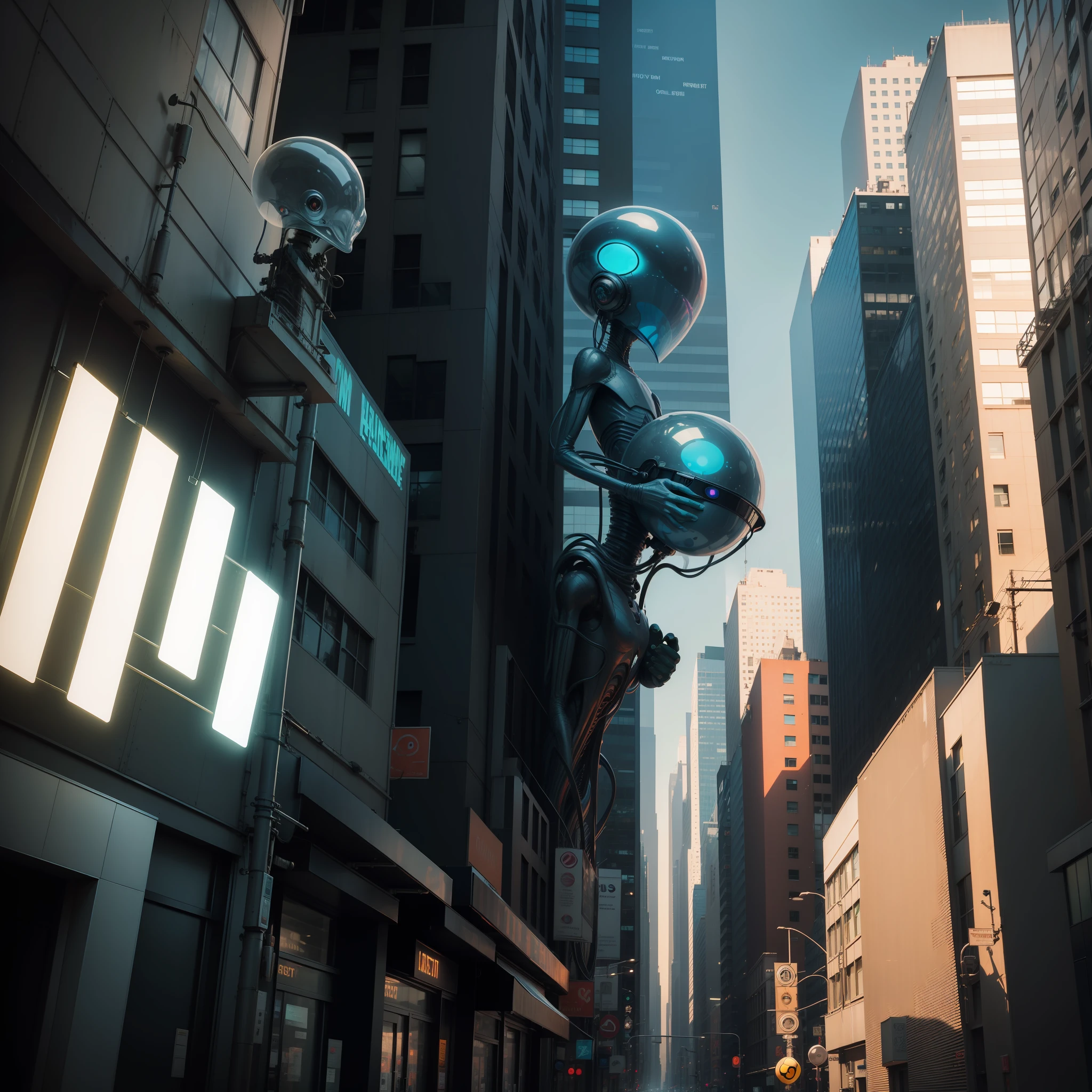 oppenheimer talking to an alien, graphic design, oppenheimer Theoretical, New York street, colorful tones, highly detailed clean, professional photography, oppenheimer looking at an alien