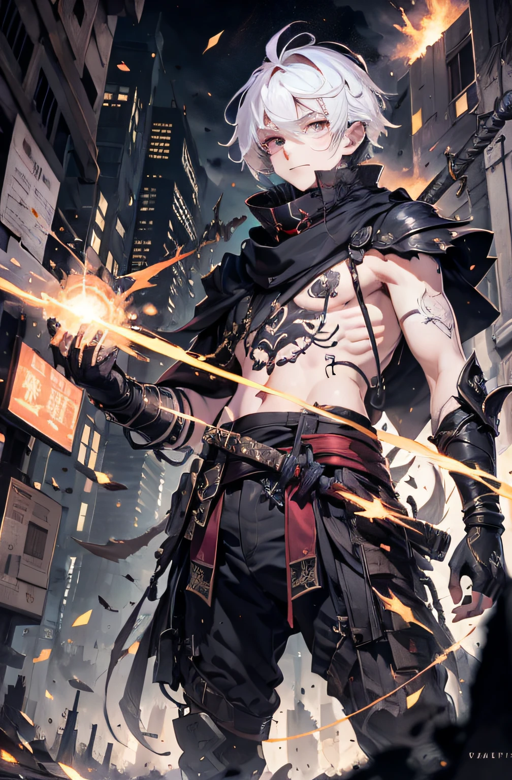 （hoang lap，A high resolution，ultra - detailed）， tmasterpiece， best qualtiy， 独奏， a boy with white hair， （（Red sleeveless clothing））， Black scarf， carry two swords， Tattooed with， from below， looking down below， Ruined city， background inside dark， swirles， spark of light，Lawyer