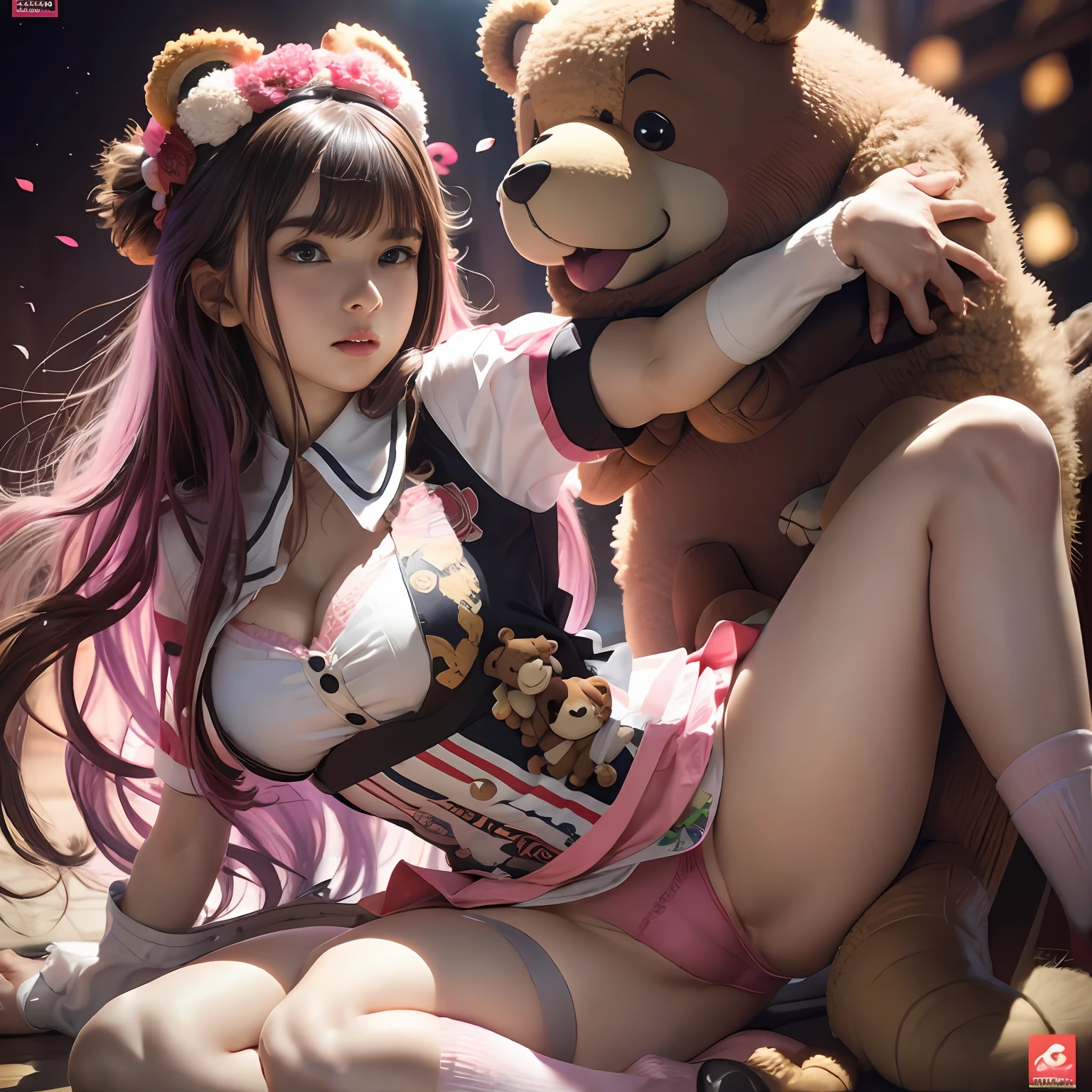 obra-prima, mais alta qualidade, alta resolução, sozinho, seios pequenos,Girl with childish face holding a brown teddy bear sitting with pink knee-high socks, blusa curtinha, sem sutia, Pretty Asian, adolecente, calcinha transparente, looking at the viewer as there is a grown man in a suit in the background fighting with an old woman and a dog jumping on the man, do lado esquerdo uma janela e uma bruxa velha do lado de fora olhando para a , Both thighs are thin and hips wide, Lascivo, cama, cueca desgrenhada, heavy breathing, sexual expression, pernas abertas, rosto ultrarealista, explicito, excitante