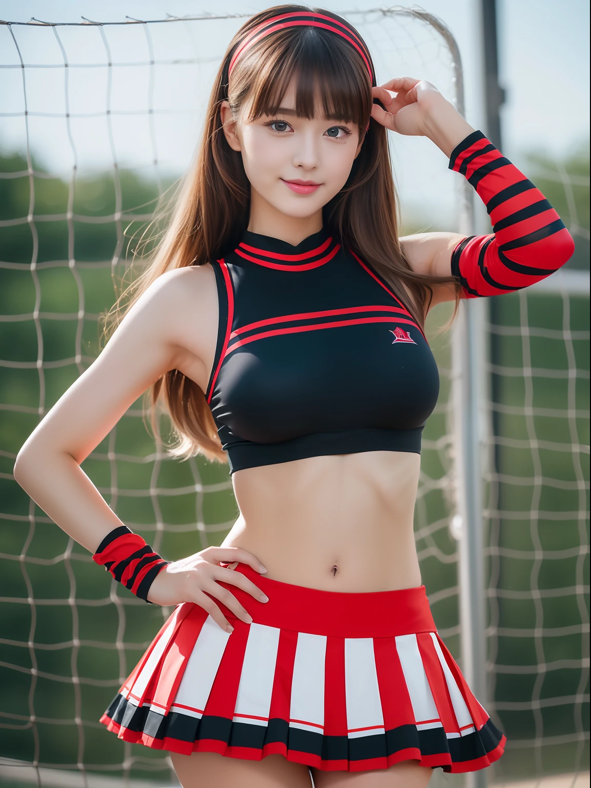 masuter piece, best qualtiy, ((realisitic)), ((1 person)), 8K picture quality, extremely delicate and beautiful, magnifica, Official art with attention to detail, Ridiculous, unbelievable Ridiculous, huge filesize, ultra-detailliert, ighly detailed, (Beautiful petite girl), (detailed girl), (Korean beauty), Blonde hair, ((Perfect female figure)), ((large full breasts, Slim waist, big butts)), ((Cheerleading costume with red and black lines, Mini flared skirt)), High exposure, With bangs, Feminine look, (ssmile), Gymnasium