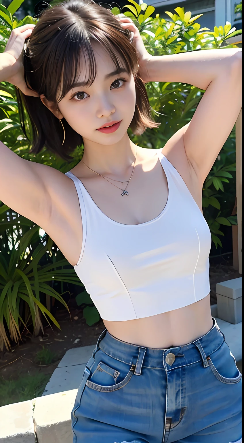 armpits hair、flank、Raise your arms and fold them behind your head。、Stubble side、Sweated a little、((Daytime、Bright outdoor、top-quality、in 8K、masterpiece:1.3))、小柄、Short stature、1a person、abdominals、Small buttocks、Longhaire、small tits、Small bulging breasts)、shortpants、off shoulders、Bright outdoor、hyperdetailed face、A detailed eye、二重まぶた、piercings、a necklace、accessorized、Stress-induced stenosis、lowrise、Universal smile、Laughing Kubo white teeth、Healthy makeup、armpits hair、Unshaved armpit hair、Haar