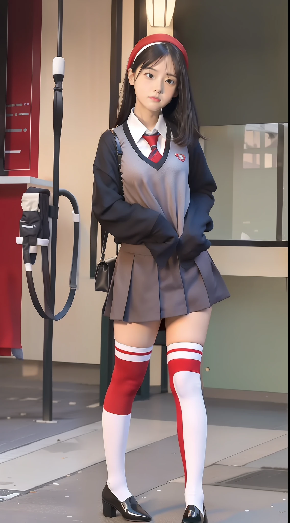 girlfriend，Red-white-blue color scheme，Student uniform，JK school uniform，Female pervert，Uniform heels，Lift up your skirt，long leges，（Full Focus）,(Full body shot ：2)，Must have stockings，Stockings are at least knee-length，Puzzles are prohibited, Detailed and complex background, glittery, reflective light, hyper HD, Award-Awarded, A high resolution, High detail, Chiaroscuro, Cinematic lighting, Masterpiece, Ray traching，structurally correct, Super detail, High quality, High details, Best quality, 16k,anatomy correct