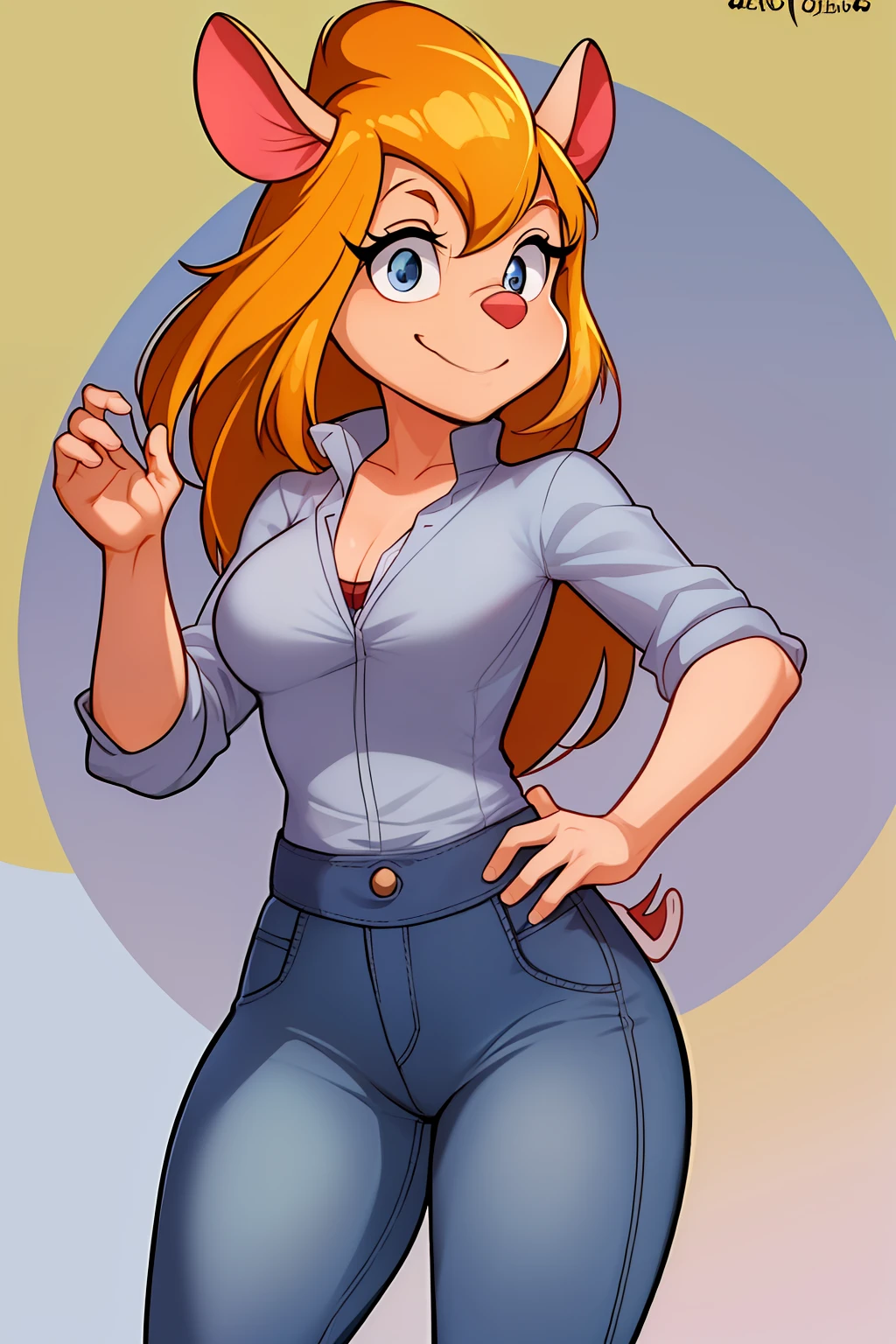 gadget_hackwrench, tiro de cowboy, sorriso, solo, Denim Jeans Pants, jaqueta pequena, botas altas, (alta qualidade: 1.2), obra-prima, detalhado, highres, 4k, foco nítido, estilo simples, desenho animado,