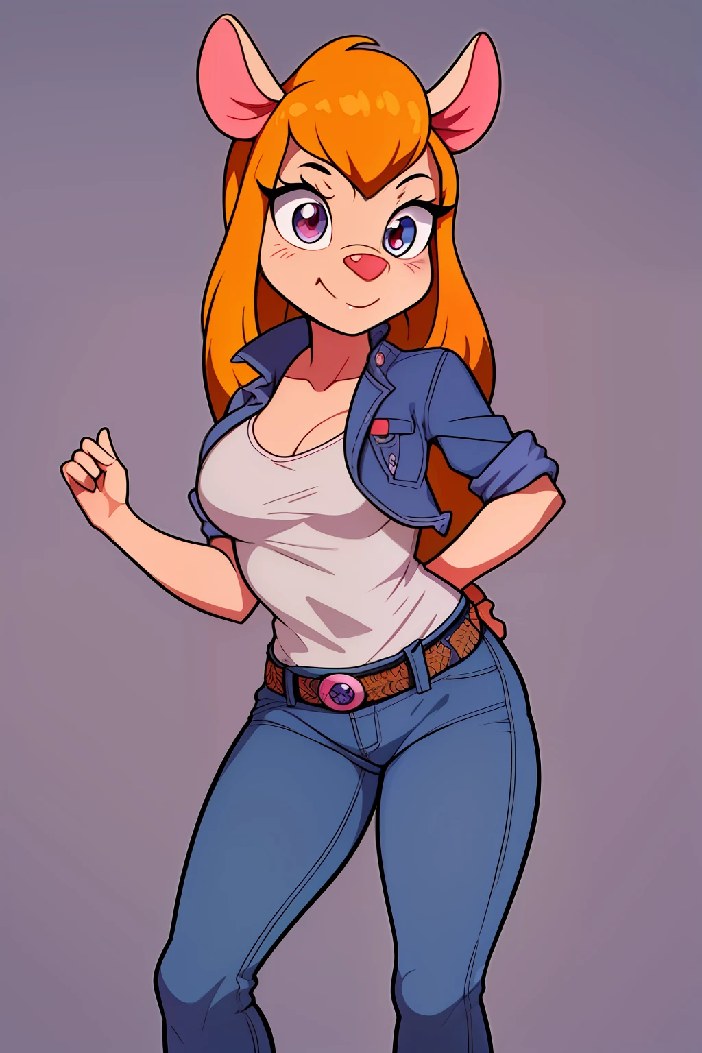 gadget_hackwrench, tiro de cowboy, sorriso, solo, Denim Jeans Pants, jaqueta pequena, botas altas, (alta qualidade: 1.2), obra-prima, detalhado, highres, 4k, foco nítido, estilo simples, desenho animado,