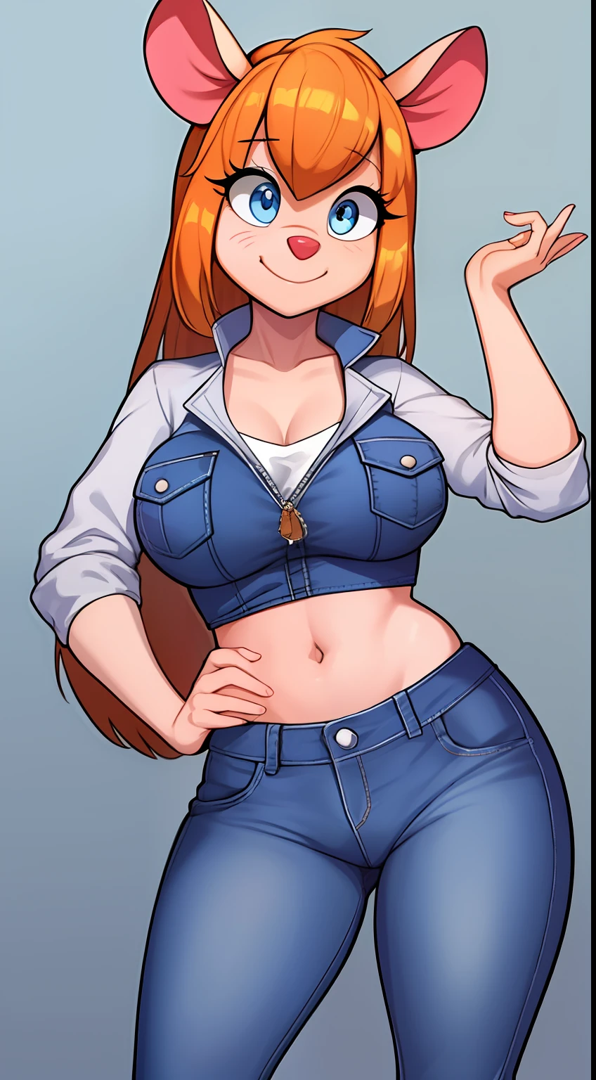 gadget_hackwrench, tiro de cowboy, sorriso, solo, Denim Jeans Pants, jaqueta pequena, botas altas, (alta qualidade: 1.2), obra-prima, detalhado, highres, 4k, foco nítido, estilo simples, desenho animado, [[anime]]