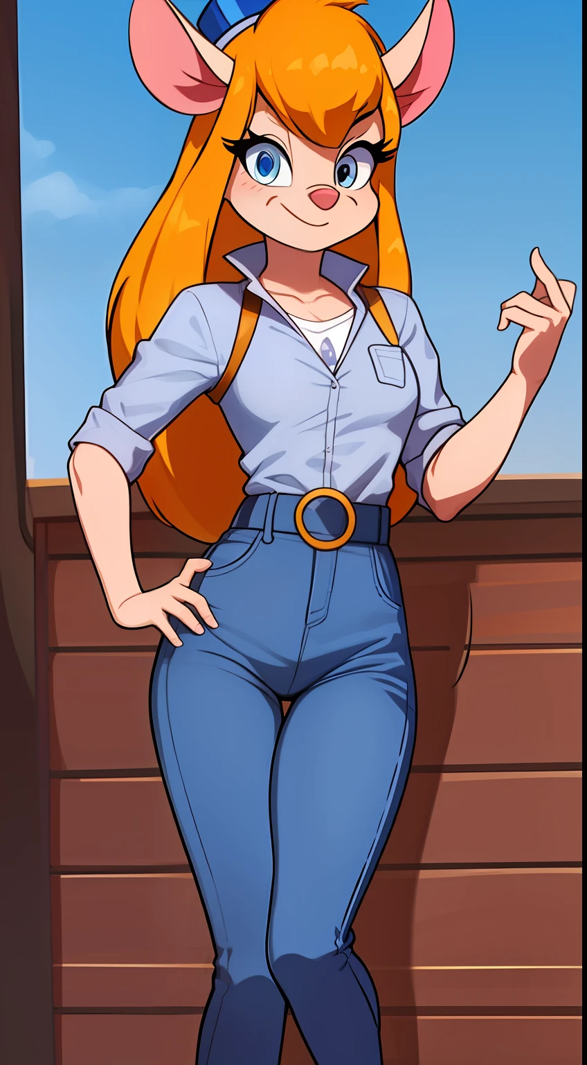 gadget_hackwrench, tiro de cowboy, sorriso, solo, Denim Jeans Pants, jaqueta pequena, botas altas, (alta qualidade: 1.2), obra-prima, detalhado, highres, 4k, foco nítido, estilo simples, desenho animado, [[anime]]