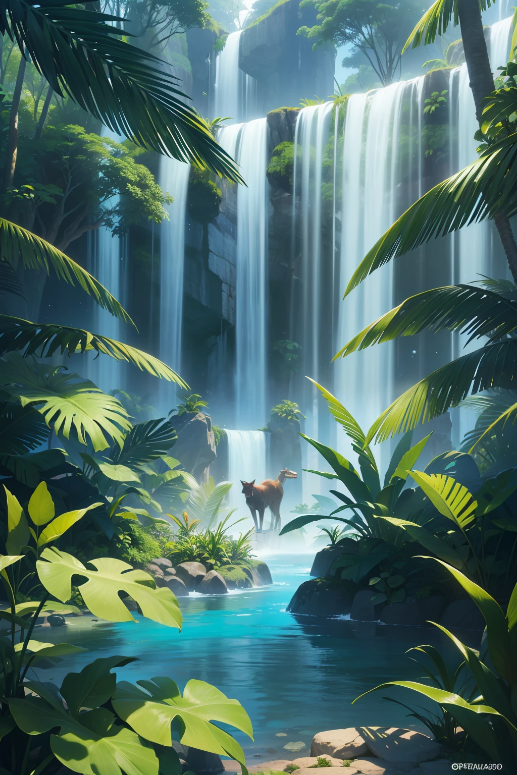 Cenario com fundo claro e somente floresta e plantas tropicais brasileiras, sem humanos, sem animais, plantas grandes, plantas brasileiras, fundo azul claro, ultrahd, ultra realista