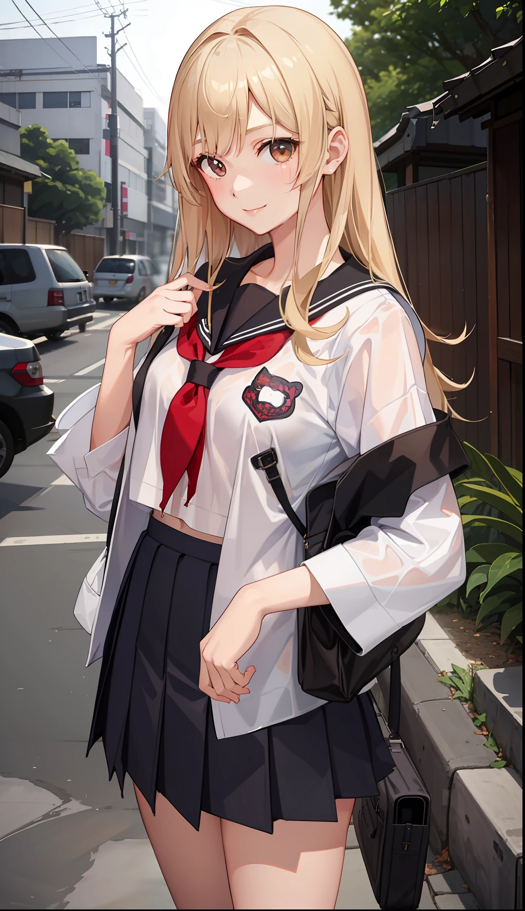 1girl in、A smile、The shirt、skirt by the、(small tits)Chilarism、Japan High School Student Uniform、serafuku、summer clothing、Squall Drenched Uniform、(Sheer Bra)、Upper body portrait、blonde hair、