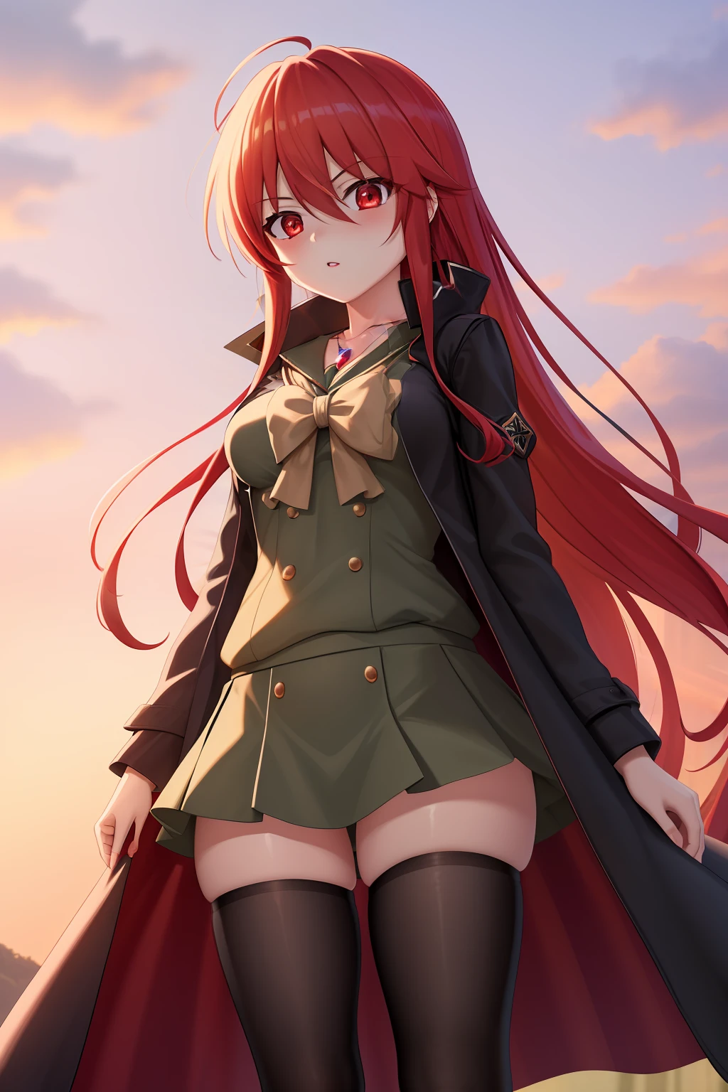 Masterpiece, Best quality,Extremely detailed Cg Unity 8K wallpaper, 
2 girls,Shana,Red hair,Red eyes,long sleeves school uniform,Kiss，Lori huge breasts cleavage，teens girl，Black hair，wind coat，Gem Necklace