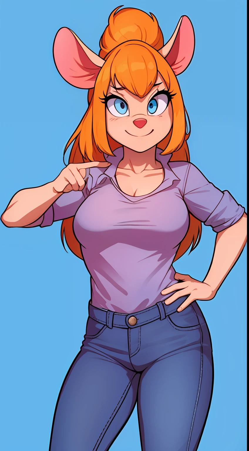 gadget_hackwrench, tiro de cowboy, sorriso, solo, Denim Jeans Pants, jaqueta pequena, botas altas, (alta qualidade: 1.2), obra-prima, detalhado, highres, 4k, foco nítido, estilo simples, desenho animado, [[anime]]