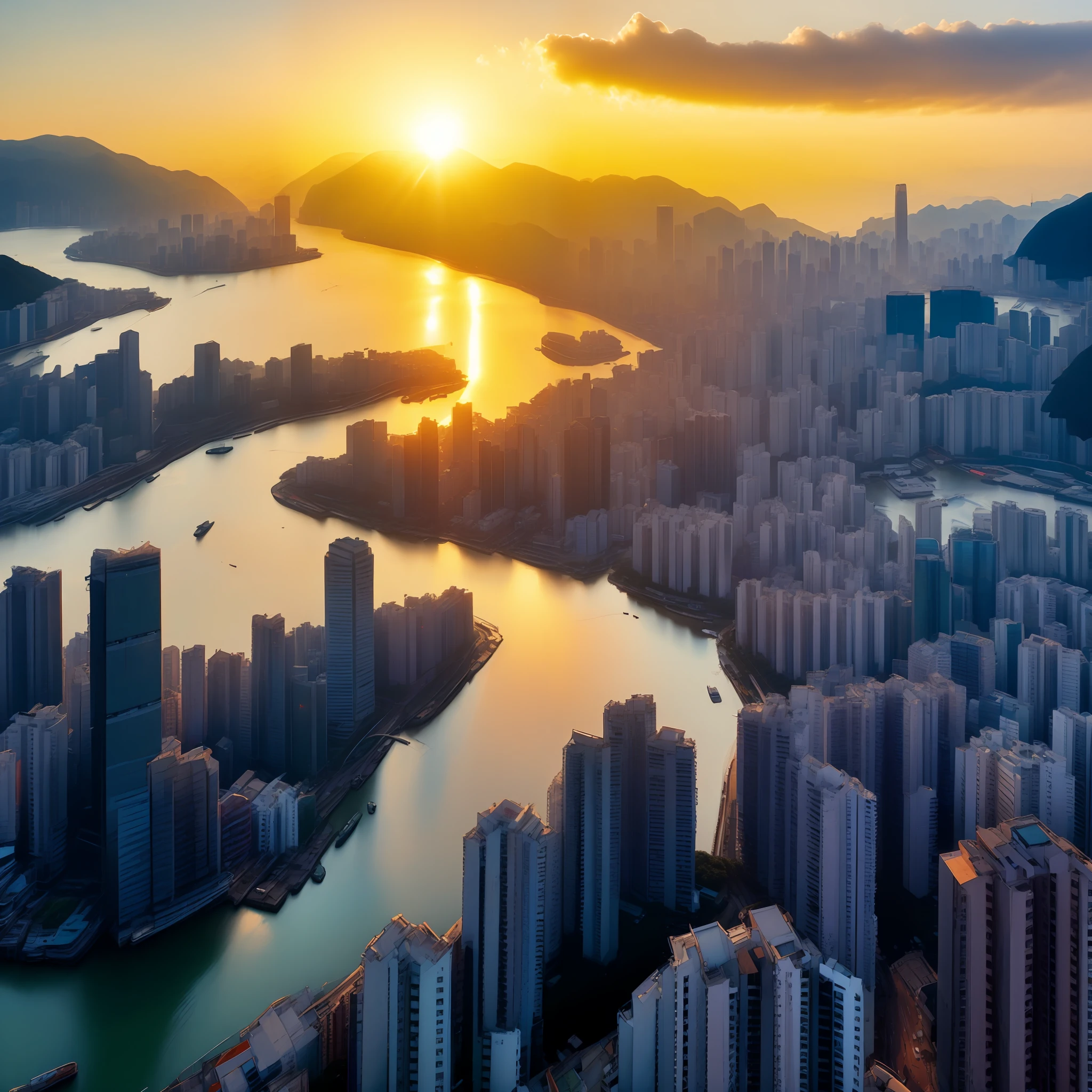 photo, the sun is setting over a river in Hong Kong (ModernCity style:1)