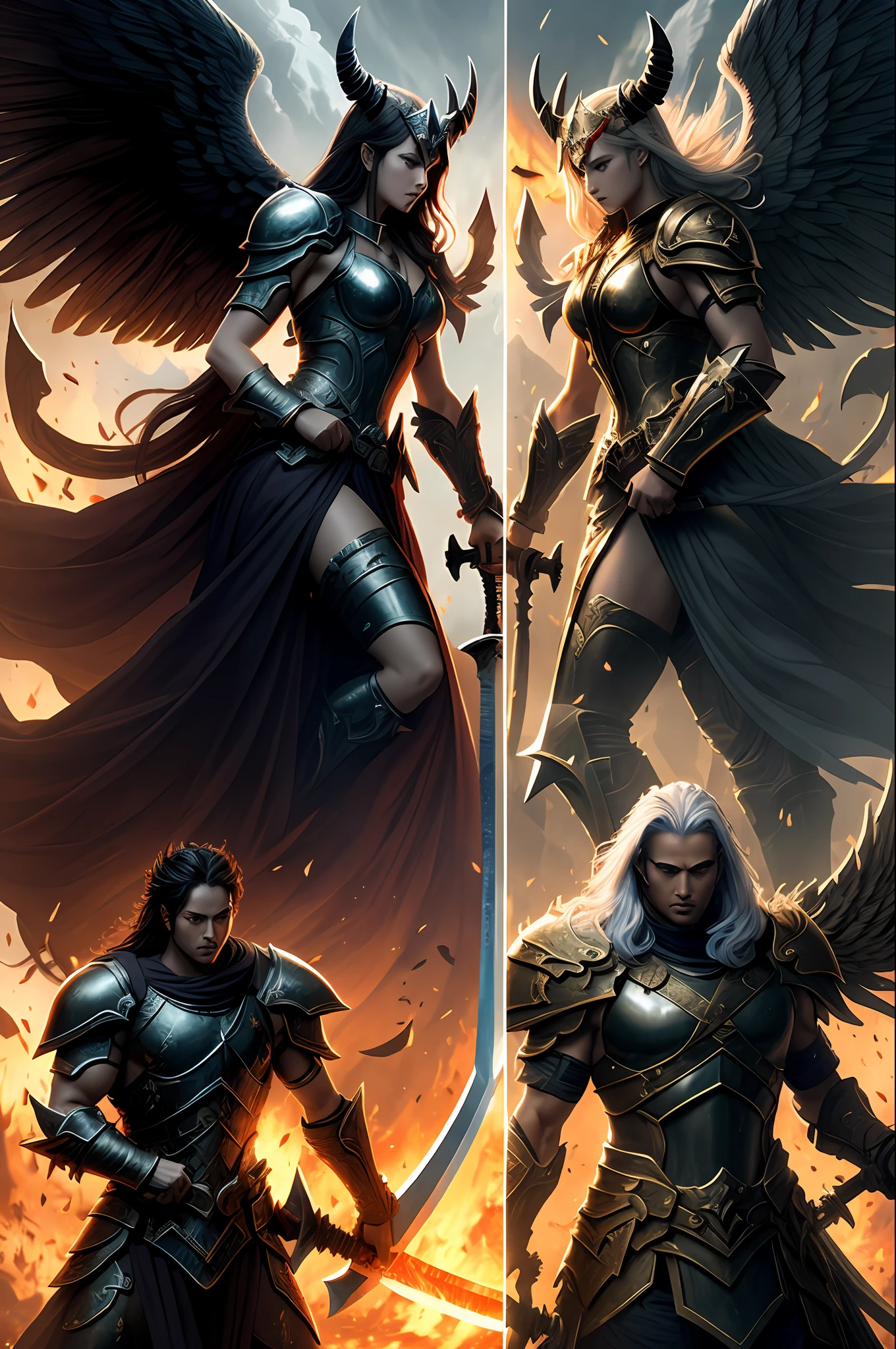 On the left is a male demon with a giant axe and slashing at the sword of the female angel on the right,Huge war battle scenes,Rich particle effects,Two armies, combat scene, epic battles, rich background,Best Picture Quality,4K,Fight,burn,