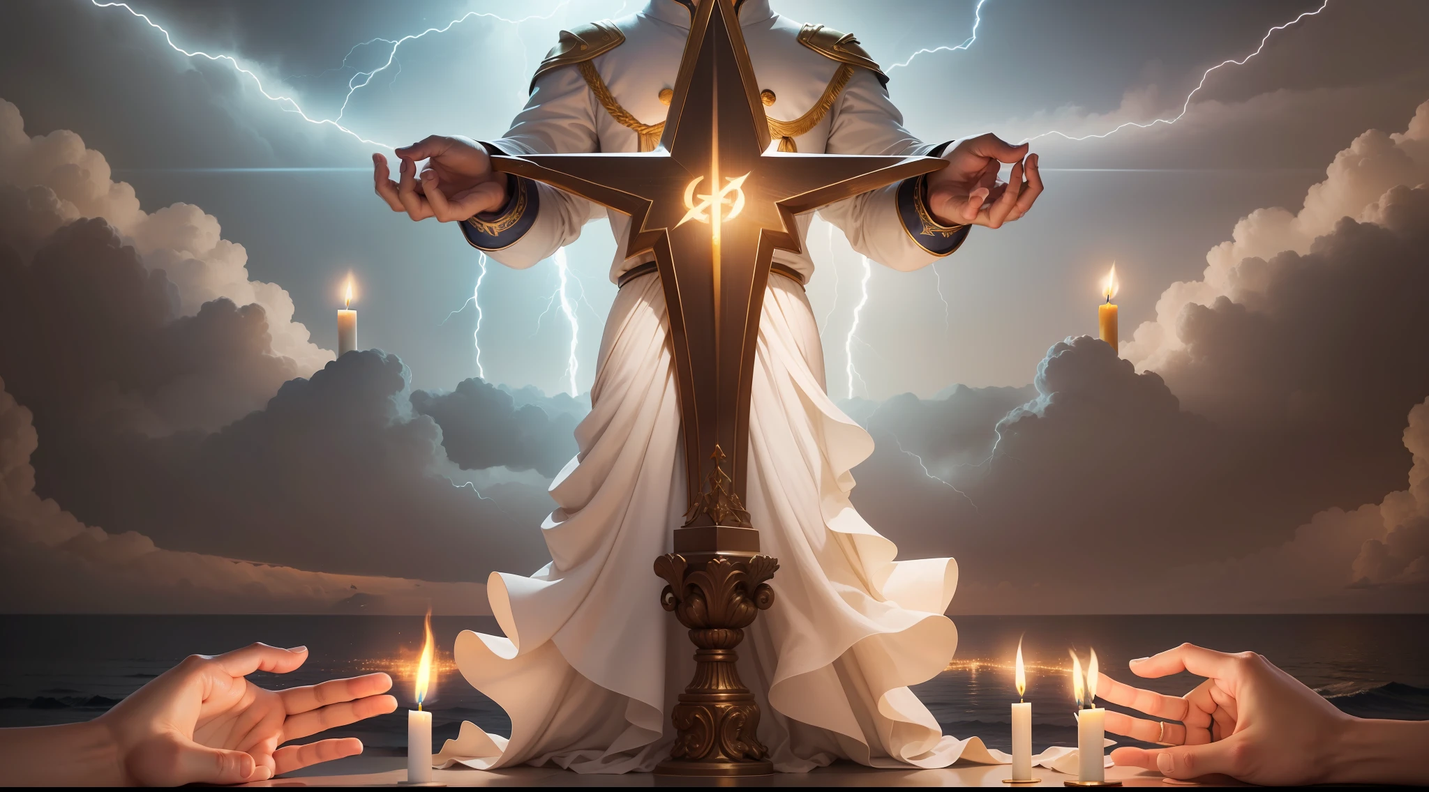 The Mighty Hand of God, godhand, perfect hand and high quality, HANDS TOGETHER PRAYING, Biblical setting, Velas, tempo de DEUS, There is a fist that is holding candles in front of a lightning bolt, Iluminado com velas, lutador pela liberdade, Dramatic candlelight, a tocha que todos devemos segurar, Lightning Sail, peaceful atmosphere, inspirador e poderoso, punho erguido, candle lighting, revolutionary, Velas, Punhos no ar, Imagem absolutamente excepcional, Punhos Grandes, segurando uma vela