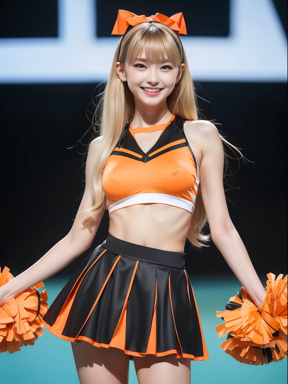 masuter piece, best qualtiy, ((realisitic)), ((1 person)), 8K picture quality, extremely delicate and beautiful, magnifica, Official art with attention to detail, Ridiculous, unbelievable Ridiculous, huge filesize, ultra-detailliert, ighly detailed, (Beautiful petite girl), (detailed girl), (Korean beauty), Blonde hair, ((Perfect female figure)), ((large full breasts, Slim waist, big butts)), ((Orange and black color cheerleading costume, Micro Mini Flared Skirt)), Excessive skin appearance, With bangs, Feminine look, (ssmile), Gymnasium