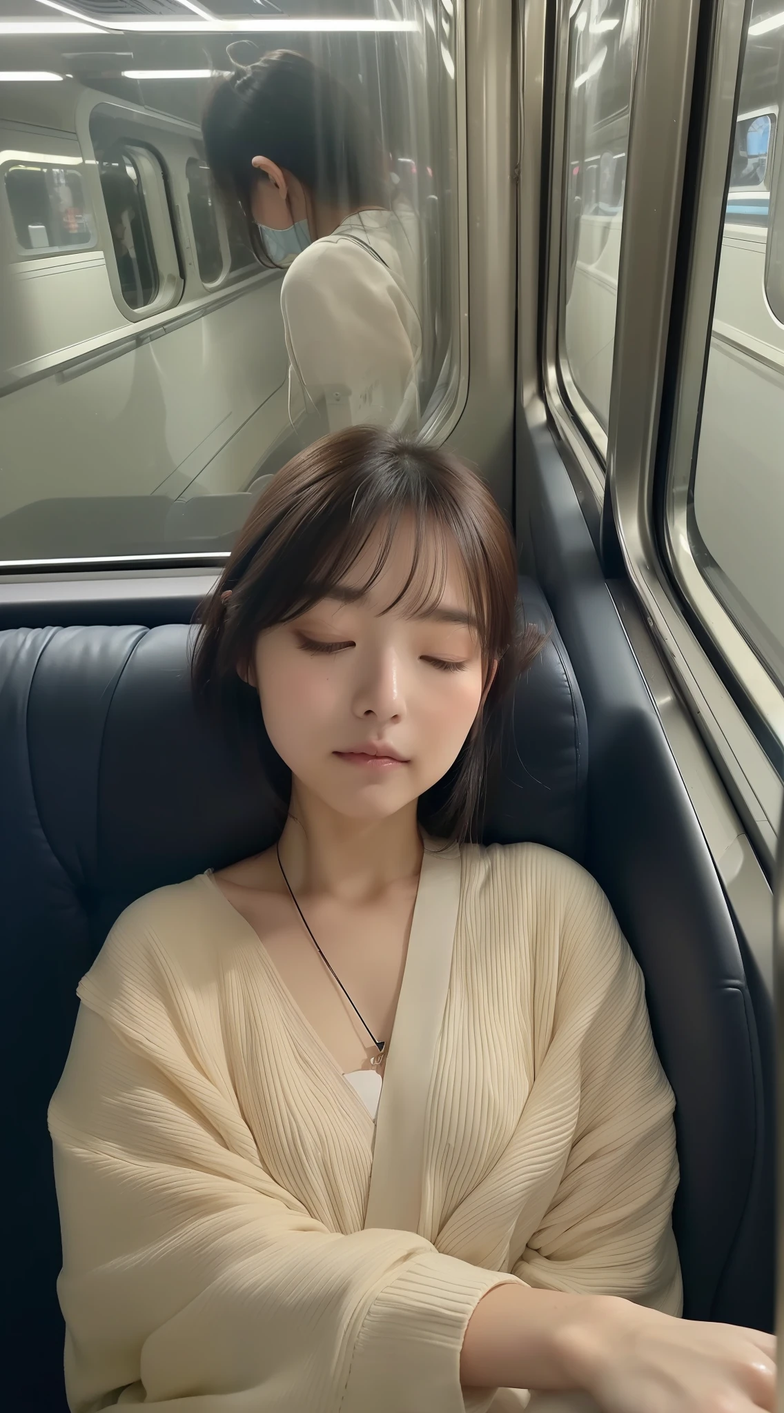(((Top image quality、8K、1人の女性)))、(Beautuful Women、Beautie、kawaii、ren、japanes、The face is orderly、a small face)、((Take the train、Sitting on a chair、leaning))、Alone、Alone on the train、((Sleep with your eyes closed、The whole body is shown))