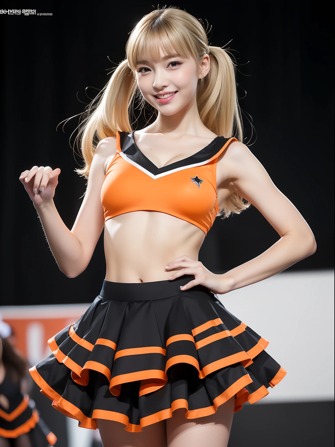 masuter piece, best qualtiy, ((realisitic)), ((1 person)), 8K picture quality, extremely delicate and beautiful, magnifica, Official art with attention to detail, Ridiculous, unbelievable Ridiculous, huge filesize, ultra-detailliert, ighly detailed, (Beautiful petite girl), (detailed girl), (Korean beauty), Blonde hair, ((Perfect female figure)), ((large full breasts, Slim waist, big butts)), ((Orange and black cheerleading costume, Micro Mini Flared Skirt)), Excessive skin appearance, With bangs, Feminine look, (ssmile), Gymnasium