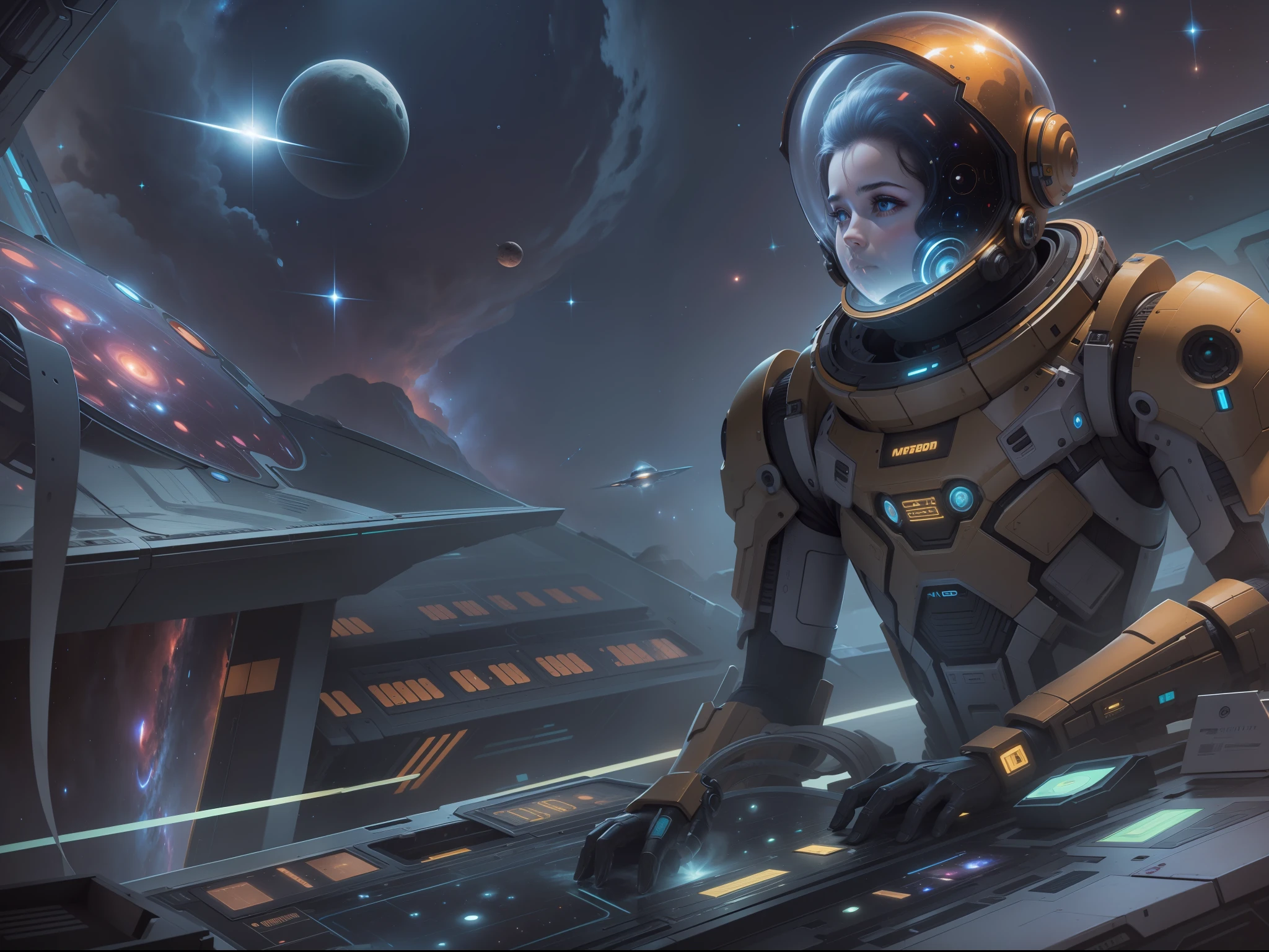 Androide, voador, Exploring Deep Space, Collecting data for mothership, Mothership in the background, androide em primeiro plano, detalhes intrincados, highes definition, Arte de Clemilton Barbosa