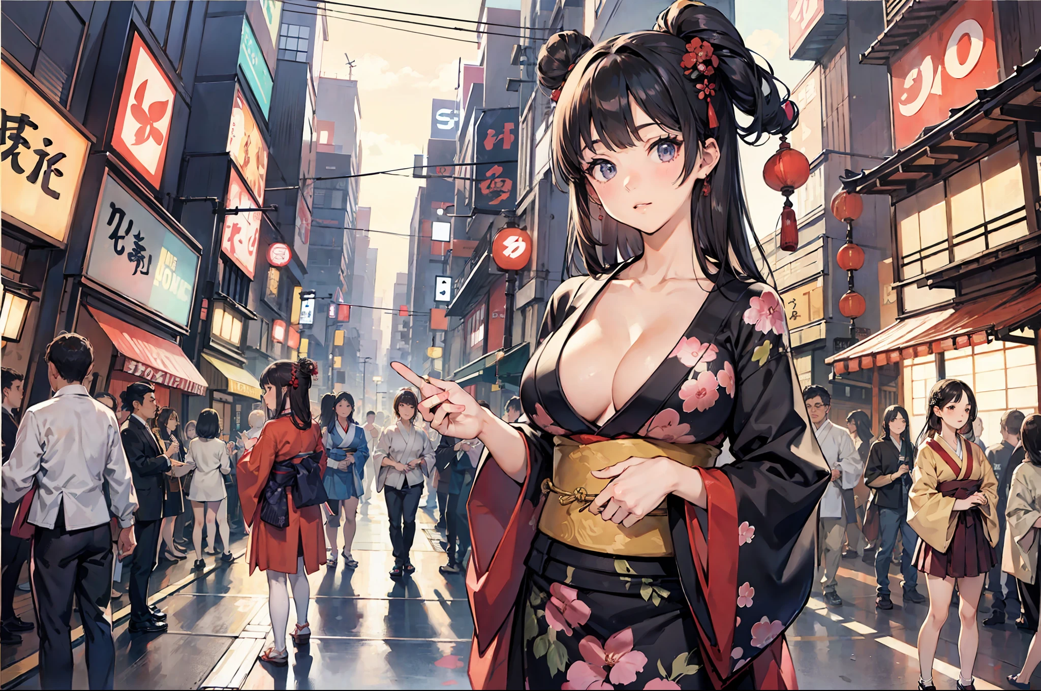 (((japanese girls))), bangs, street, real girl , standing, large breasts, party, ligth traffic, --auto --s2