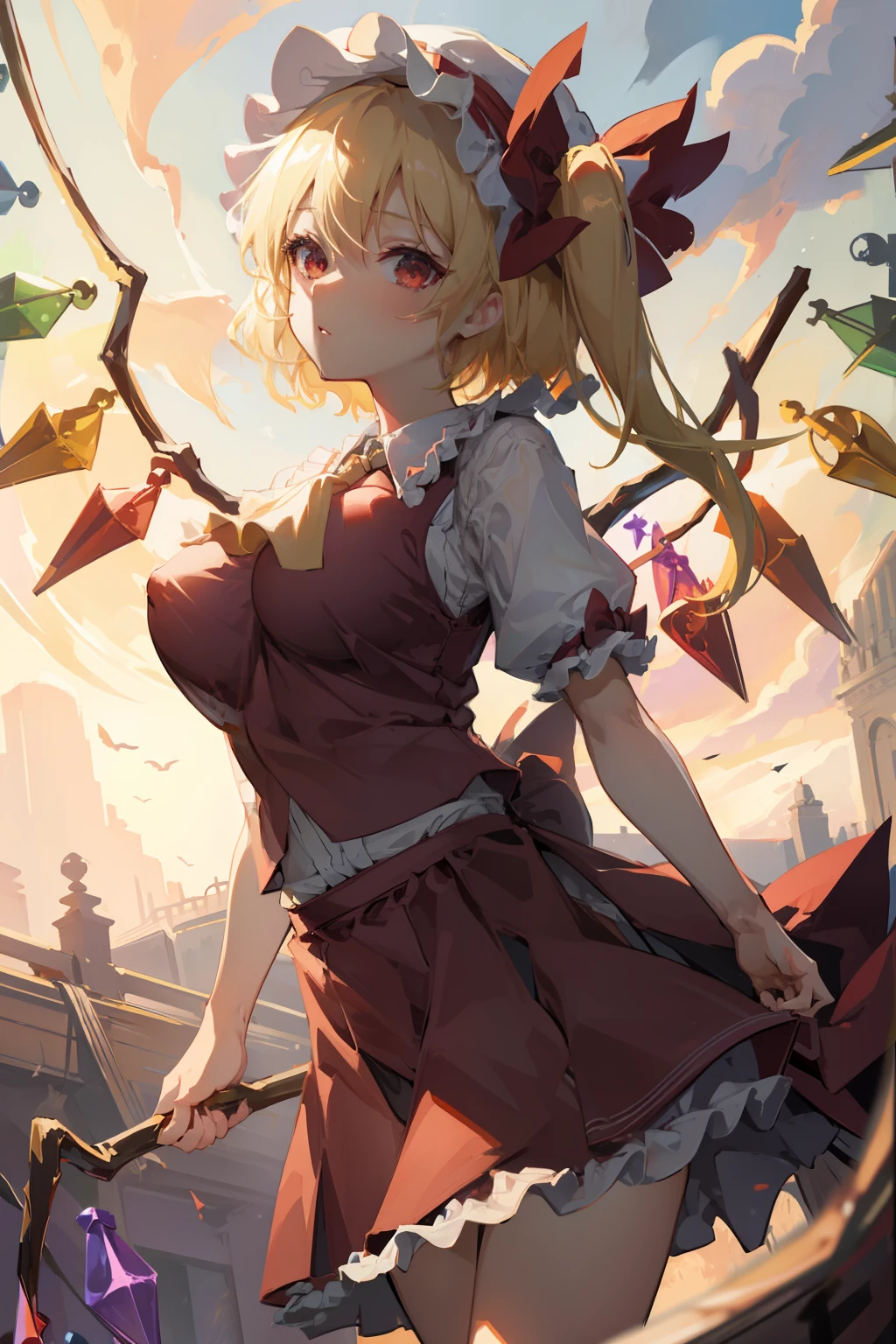 (masterpiece),best quality, expressive eyes, perfect face, 1girl,
big breast, H-cup, good breast, beautiful, gorgeous,anime,girl,lora, floating clothes, tent chest ,
 nipple visible  though clothes,flandre scarlet,
1girl,blonde hair,mob cap,hair bow,bowtie,side ponytail,wings,short sleeves,vest,ascot,1wings,1 pair of wings,crossing arms, cross arms,