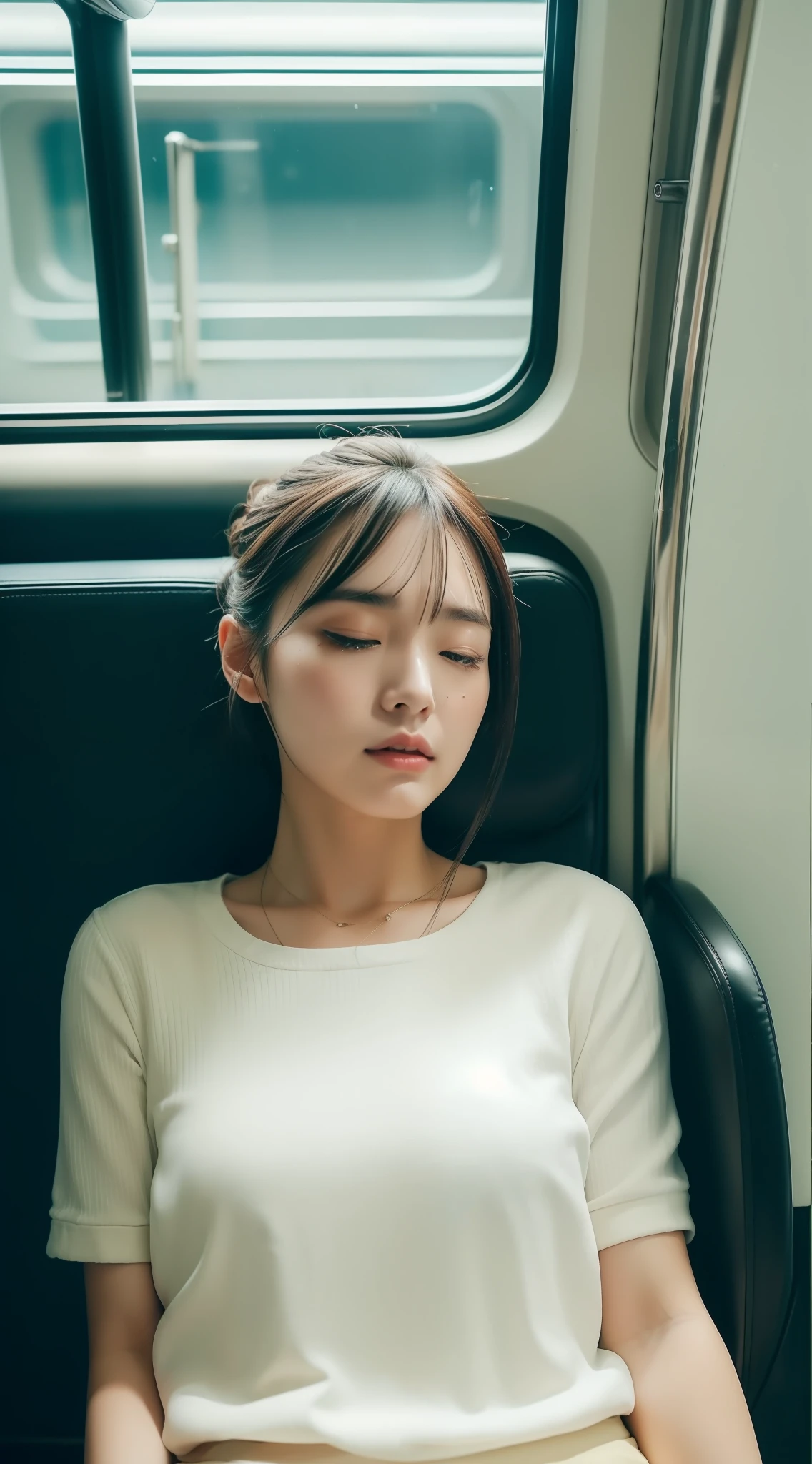 (((Top image quality、8K、1人の女性)))、(Beautuful Women、Beautie、kawaii、ren、japanes、The face is orderly、a small face)、((Take the train、Sitting on a chair、leaning))、Alone、Alone on the train、((Sleep with your eyes closed、The whole body is shown))、tshirts、Mouth open、A little tear drips from the mouth