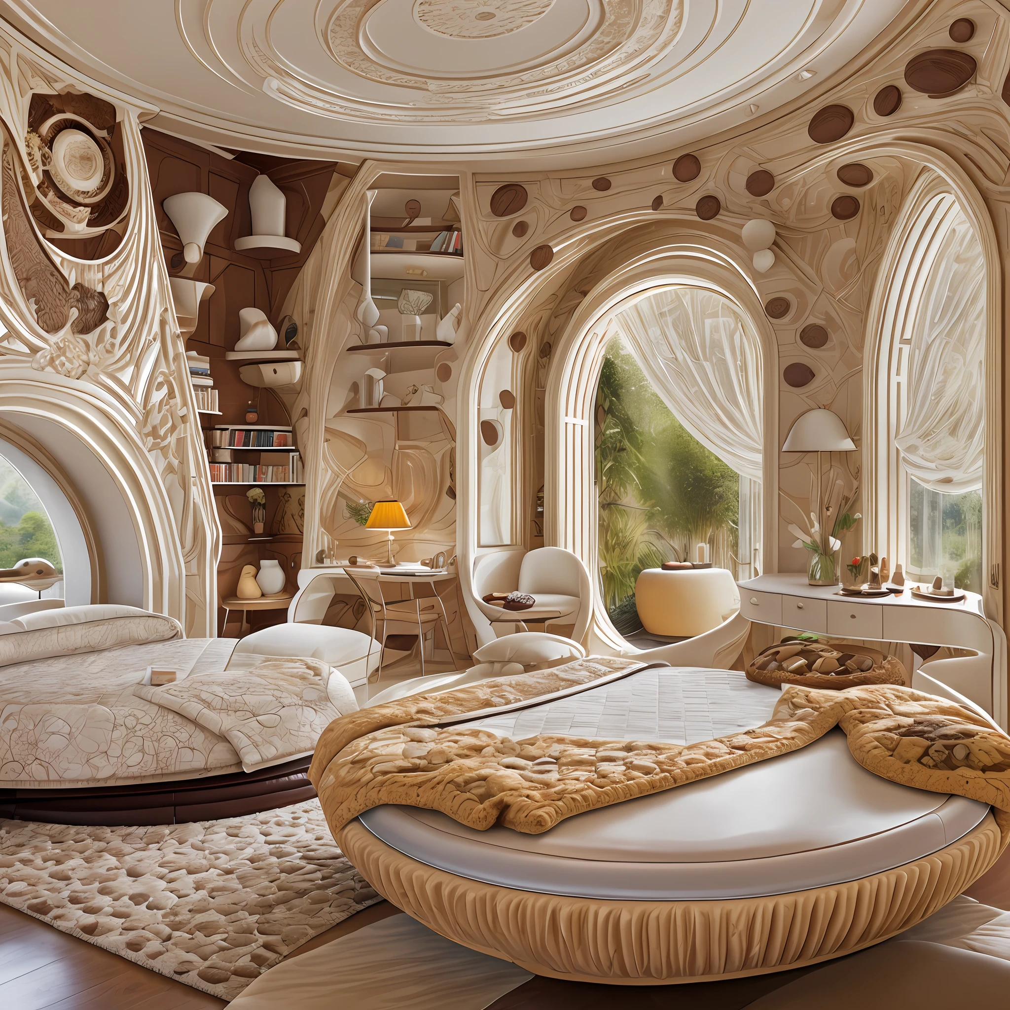 futuristic architectural digest photo of a (cozy upscale)++ (nutella chocolate chip milkshake deco oreo creme futurism)+ bedroom