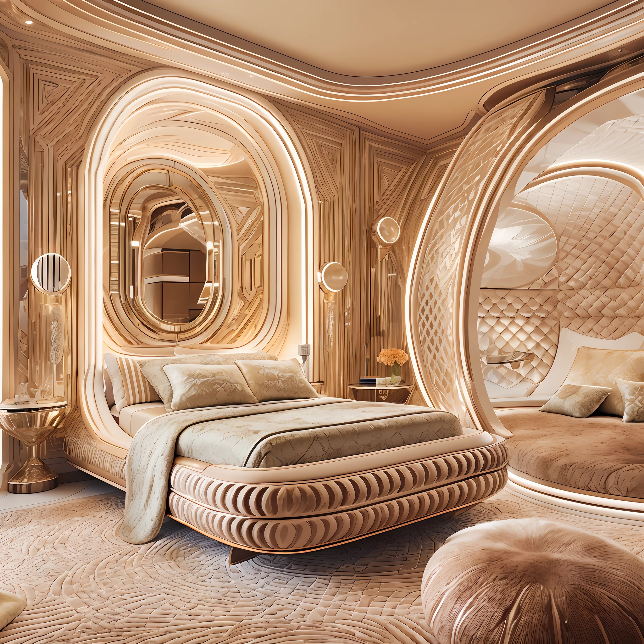 futuristic architectural digest photo of a (cozy upscale)++ (nutella chocolate chip milkshake deco oreo creme futurism)+ bedroom