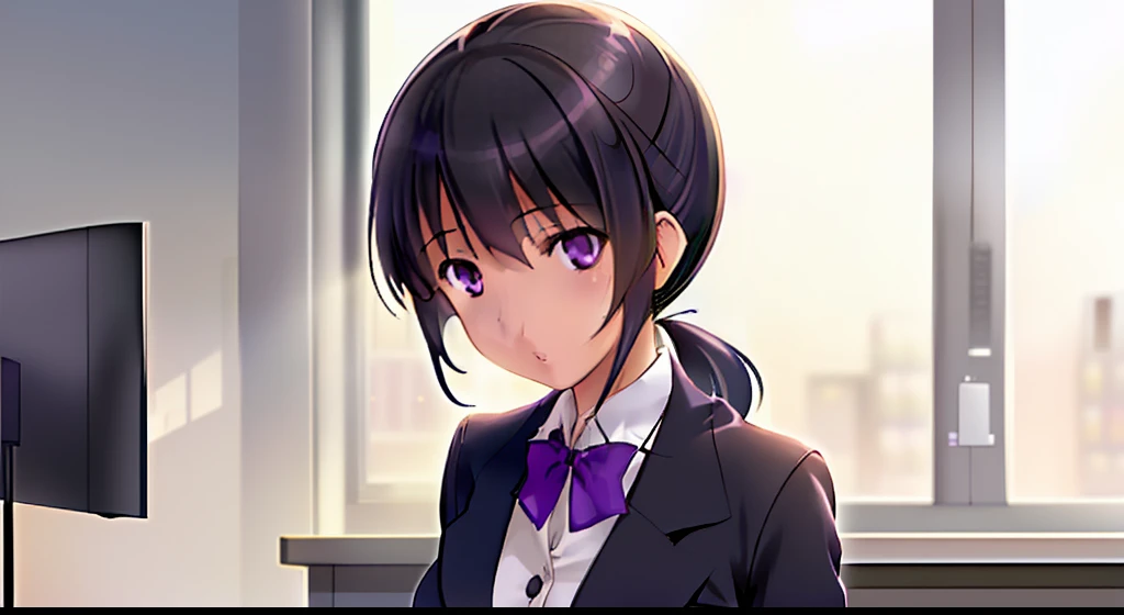 1girl, solo, cg art, sakaki, very short ponytail black hair, small to medium breast, purple eyes, (white pharmacist coat), (formal clothes), in front of computer, looking at viewer from left side, counter, outlet, pharmacy, sitting, humming a song, lighting