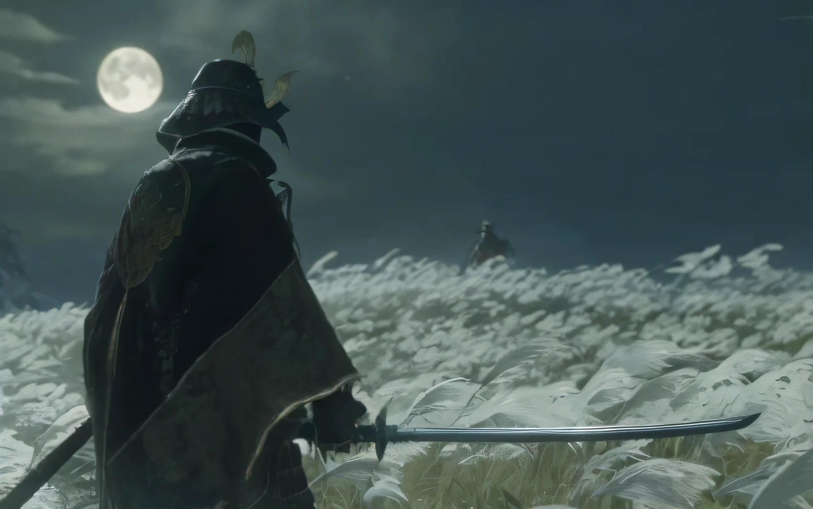 a close up of a person with a sword in a field, sekiro in bloodborne world, ax, ghost of tsushima, fromsoftware, sekiro mountain, from software game, in-game cinematic, in - game footage, in-game footage, moon bull samurai, inspired by Kanō Hōgai, Screenshot from Bloodborne。。。。。, cutscene footage