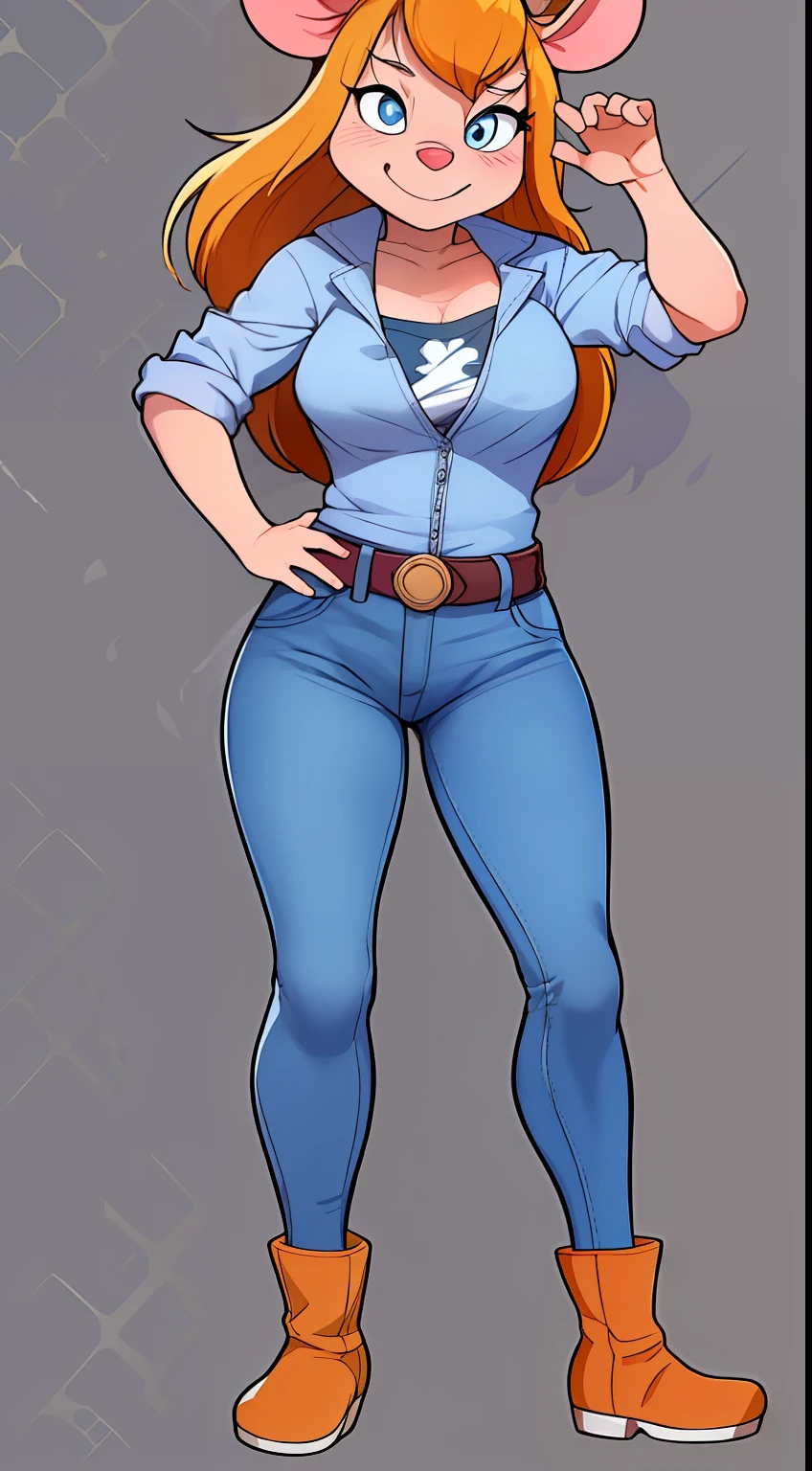 gadget_hackwrench, tiro de cowboy, sorriso, solo, Denim Jeans Pants, jaqueta pequena, botas altas, (alta qualidade: 1.2), obra-prima, detalhado, highres, 4k, foco nítido, estilo simples, desenho animado,