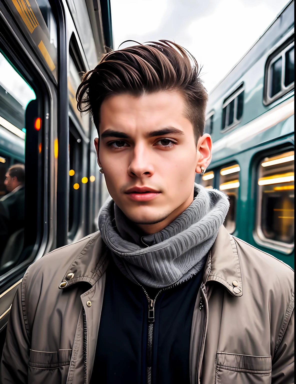 best quality, ultra photorealistic, photorealism, 8k, photograph, photo of a young man, jacket, ear studs, gray scarf, sweater, short windswept light brown hair, fit, beautiful, (effeminate), (shaved), eyeliner, standing in a train station, background is a crowded street, overcast, artificial lights, detailed face and eyes, highly detailed skin, 8k uhd, sharp focus, professional, best quality