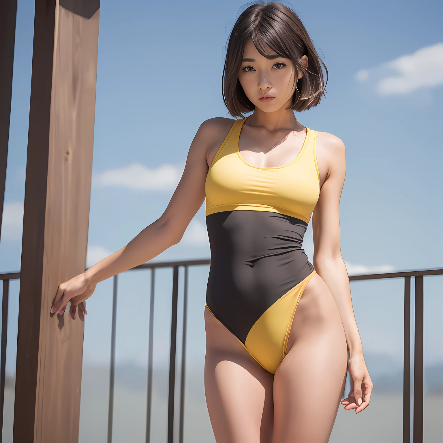 (Solo), (a detailed RAW photo of a girl), (masutepiece:1.0), (Best Quality:1.4), (超A high resolution:1.2), (Photorealistic:1.4), 8K resolution, Canon EOS R5, 35 millimeters, absurderes, ultra-detailliert, (25year old), Cinematic lighting, Detailed beautiful face, (no-makeup:1.2), (ulzzang -6500-v1.1), petite figure, Detailed skin texture, (flat chest:1.4), (skinny and fit body:1.6), Detailed brown hair, sweltering,(Very short hair:1.5), See Through wear, no bra, (gray black yellow logo thin, fit small athletic wear for competition with erect nipples :1.5), wind, More transparent, realistic glistening skin, Detailed texture, Cameltoe, well-developed abs, tius focus, blue sky, open legs pose, underboob,