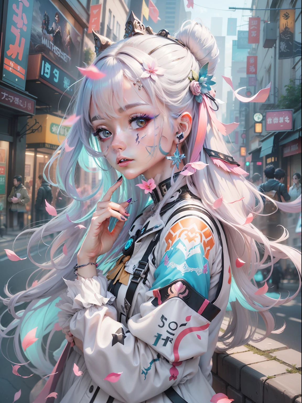 (((​masterpiece)))、(((top-quality)))、((ultra-definition))、(High Definition CG Illustration)、((extremely delicate and beautiful))、City of the Future、Cyber City、Cinematic Light、Girl with shearing hairstyle、Rainbow Color、Unconventional、Marie Antoinette style、Cyber Girl、facepaint、face tattoos、Body Barcode、2080s、animesque、girl with、trending on artstationh、Rachel Walker