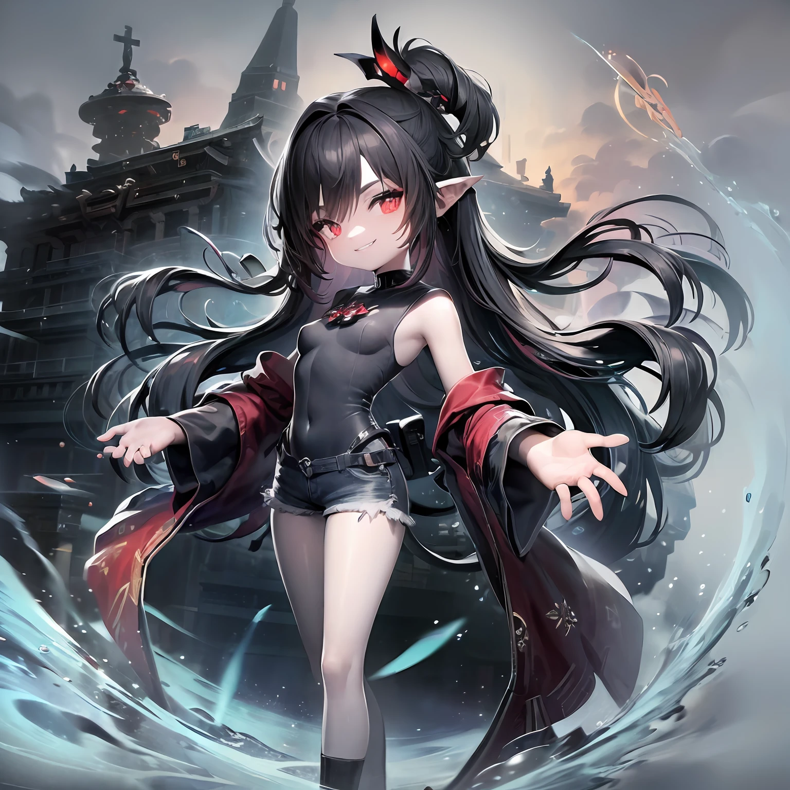 ((masterpiece、top-quality))、(Complex lighting)、morning、suns、sea bathing、(Lots of glowing bubbles flutter)、Small Devil、独奏、full body Esbian、1girl in、red eyes、Long Black Hair、tanktop shirt、Jeans shorts、absurderes, Grayscale BreakGuess Gaze、(evil smile:1.4)、looking at the viewers、sharpteeth、(Crazy red eyes with small pupils:1.2)、yandere、Chibi、