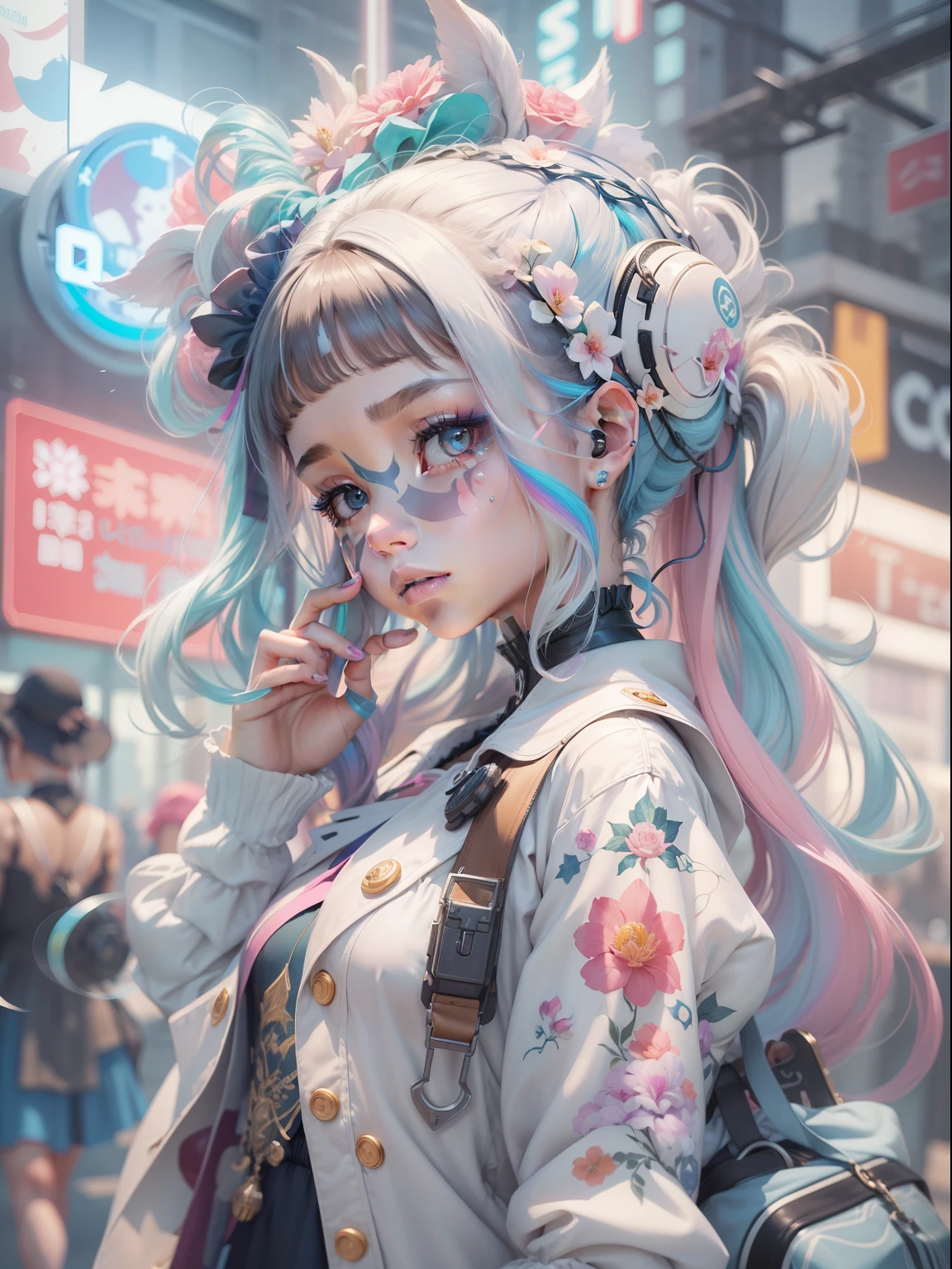 (((masterpiece)))、(((top-quality)))、((ultra-definition))、(High Definition CG Illustration)、((extremely delicate and beautiful))、City of the Future、Cyber City、Cinematic Light、Girl with shearing hairstyle、Rainbow Color、Unconventional、Marie Antoinette style、Cyber Girl、facepaint、face tattoos、Body Barcode、2080s、animesque、girl with、trending on artstationh、Rachel Walker