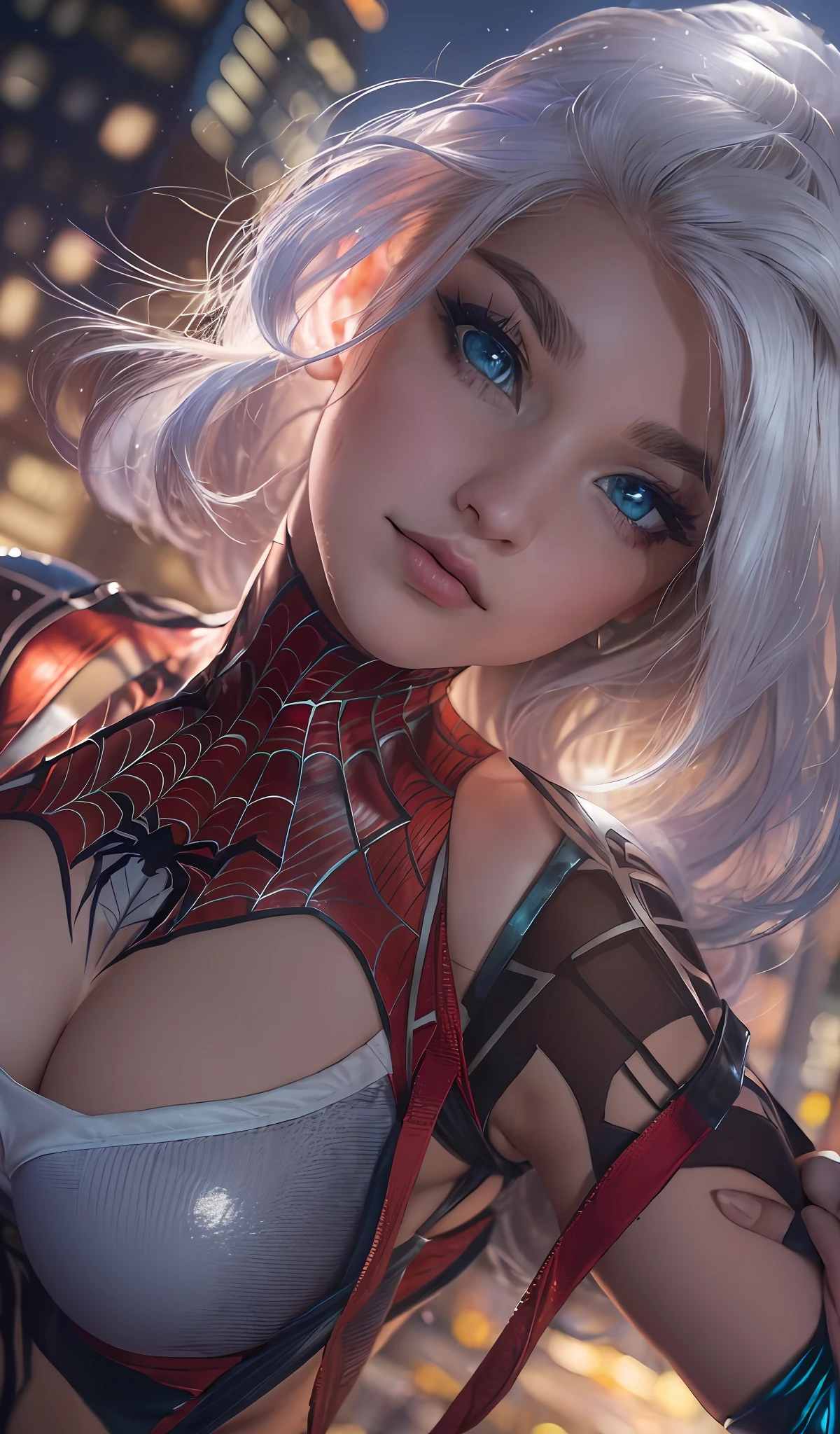 (masterpiece:1.4), (8k, photorealistic, RAW photo, best quality: 1.4), japanese, (1girl), beautiful face, (realistic face:1.4), (white hair, long hair:1.3), beautiful hairstyle, beautiful detailed eyes, (best ratio eyes:1.5), attractive, ultra high res, ultra realistic, highly detailed, best ratio, (detailed face:1.4), looking at viewer, red lipsticks, (best ratio fingers:1.5), (White superhero theme, charismatic, there's a girl on top of town, wearing transparent lingerie Spider-Man costume, she's a superhero), [ ((25 years), full body, (realistic blue eyes:1.2), ((Spider-Man pose), show of strength, jumping from one building to another), ((sandy urban environment):0.8)| (cityscape, at night, dynamic lights), (full moon))] # Explanation: The Prompt mainly describes a 4K painting of ultra-high definition, very realistic, very detailed. It shows a superheroine at the top of the city, wearing a Spider-Man costume. The theme in the painting is a white superhero theme, the female protagonist has long white hair, is 25 years old and her entire body is shown in the painting. In terms of portraying the actions of superheroines, spiders are employed, (no bra:1.4), perky_nipples, ((exposed_nipples, exposed breasts, high proportional realistic breasts, realistic big breasts):1.3), (closed mouth:1.4), (camel_toe_pussy:1.3), innie_pussy,