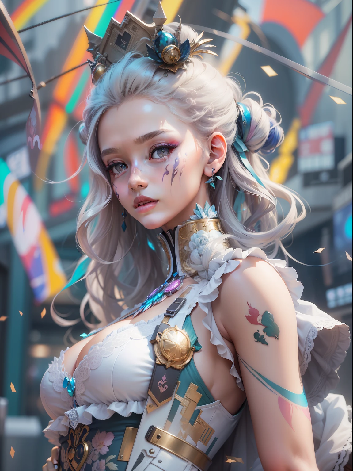 (((​masterpiece)))、(((top-quality)))、((ultra-definition))、(High Definition CG Illustration)、((extremely delicate and beautiful))、City of the Future、Cyber City、Cinematic Light、Girl with shearing hairstyle、Rainbow Color、Unconventional、Marie Antoinette style、Cyber Girl、facepaint、face tattoos、Body Barcode、2080s、animesque、girl with、trending on artstationh、Rachel Walker